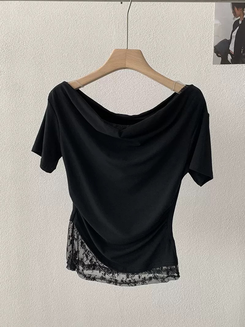 蕾丝拼接假两件荡领短袖T恤 褶皱显瘦纯欲气质上衣