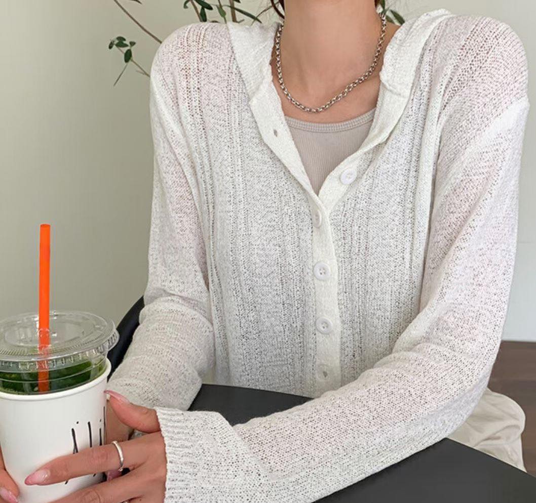 直紋有帽針織Cardigan 