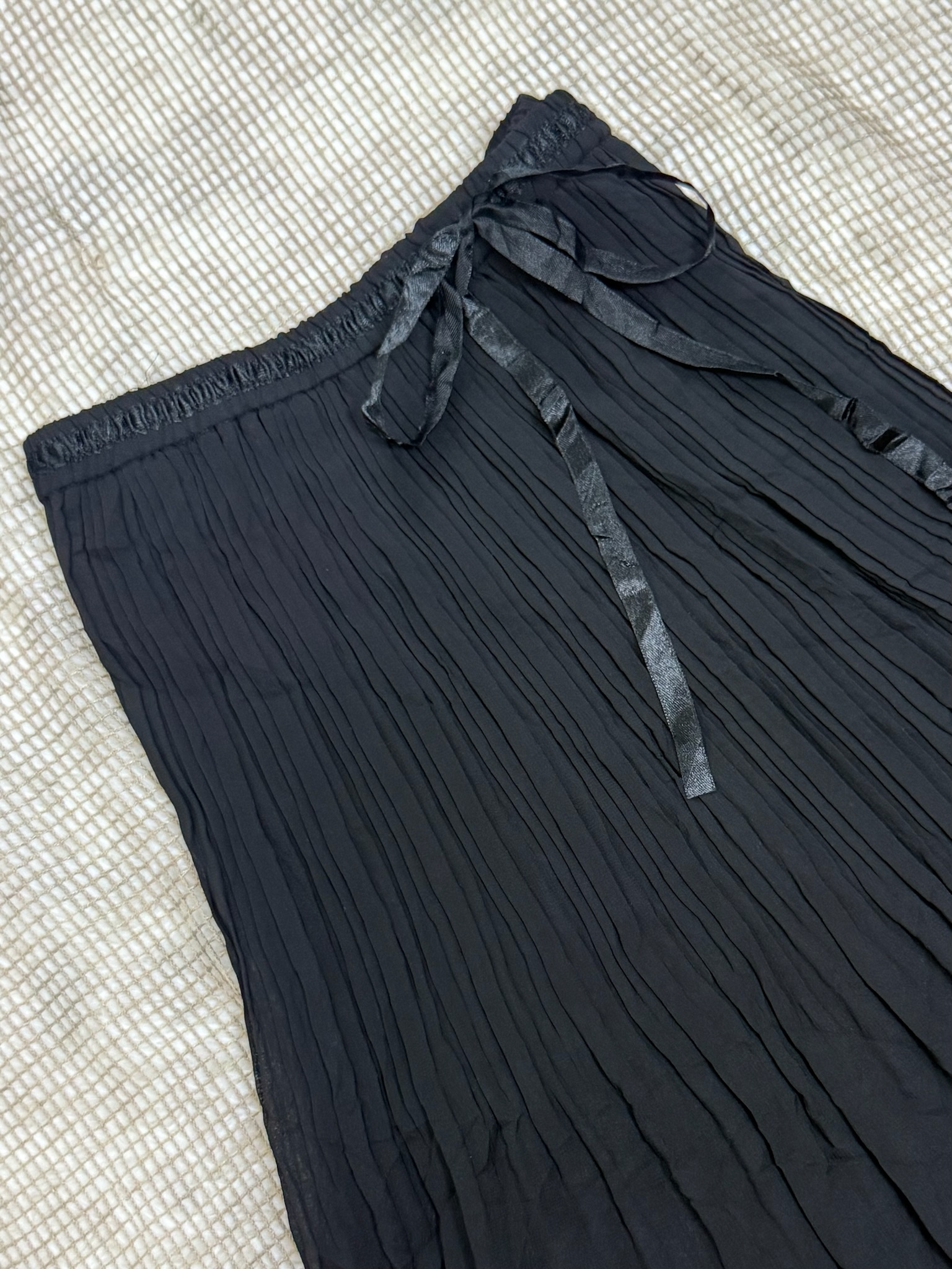 Black Satin Ribbon Tie Lace Hem Chiffon Long Skirt 