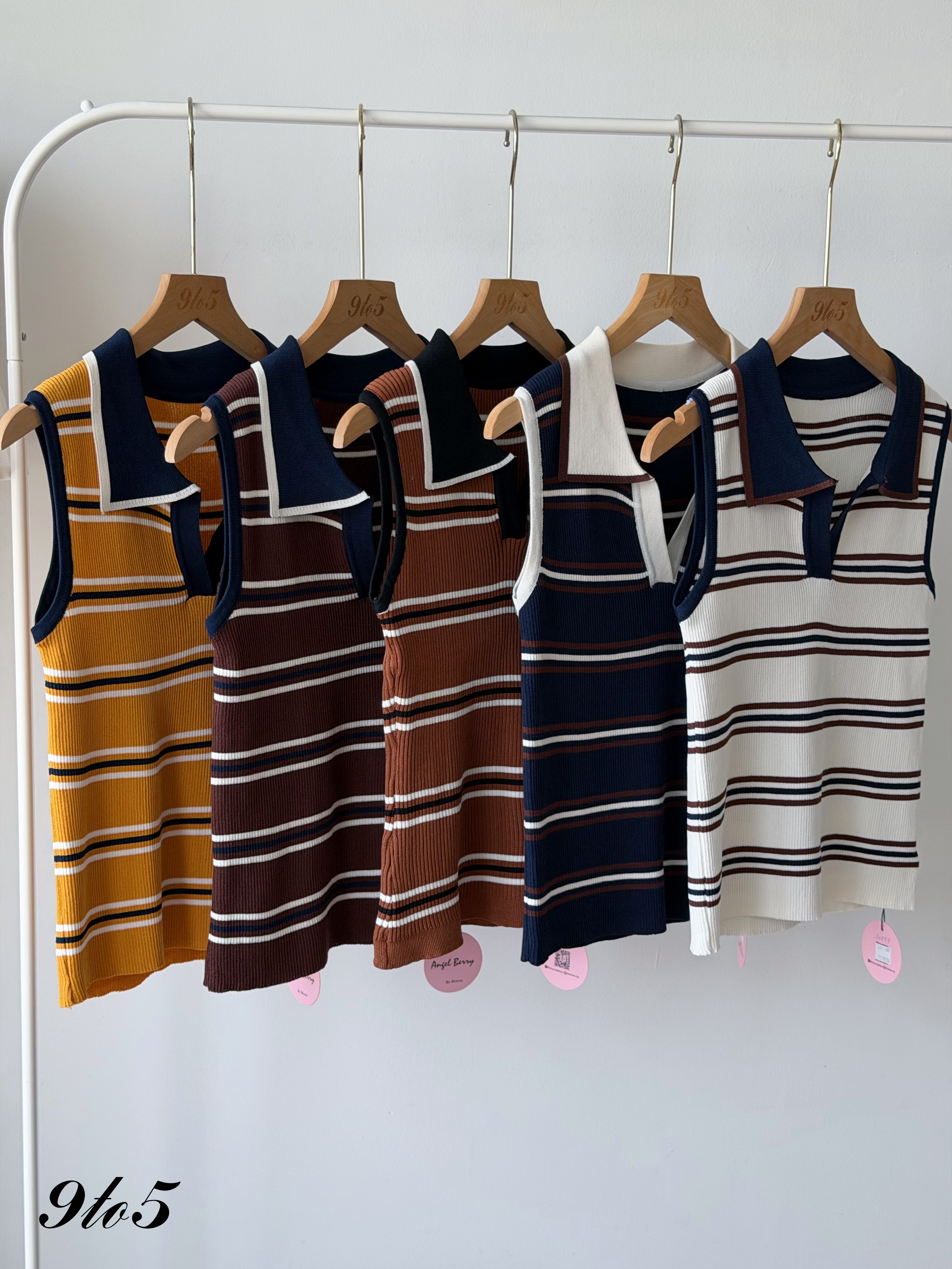 T4474 Sleeveless Striped Knit Polo Top - 5 Colors 