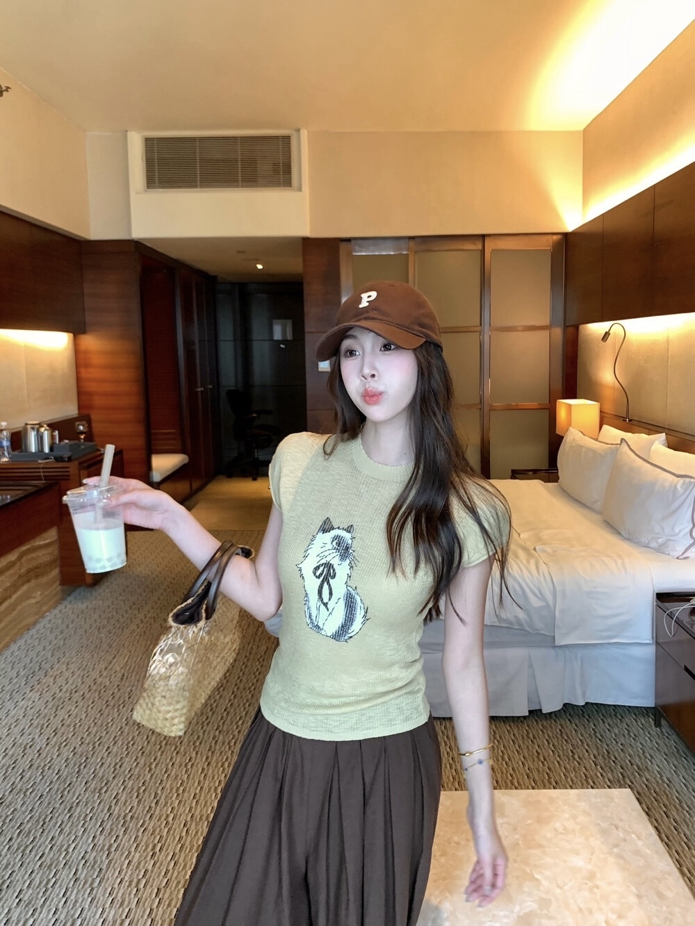 韩系纯欲猫印花修身辣妹针织小衫 Cat Print Sleeveless Crew Neck T-Shirt