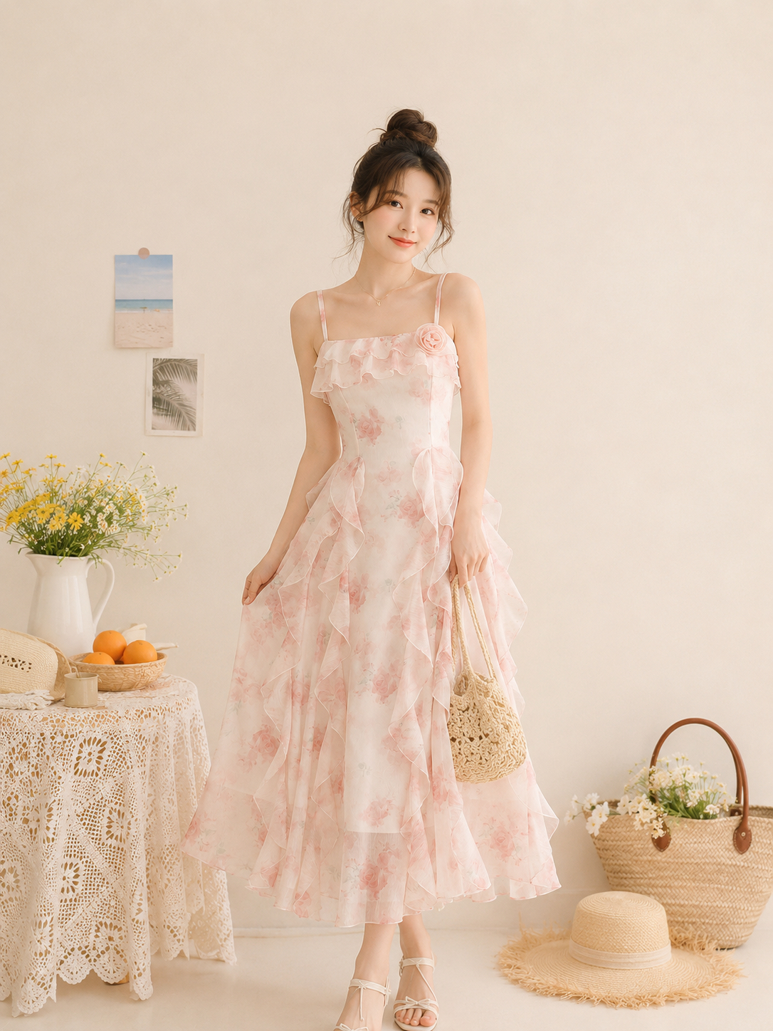 A031156 Sweet Floral Ruffle Strap Dress