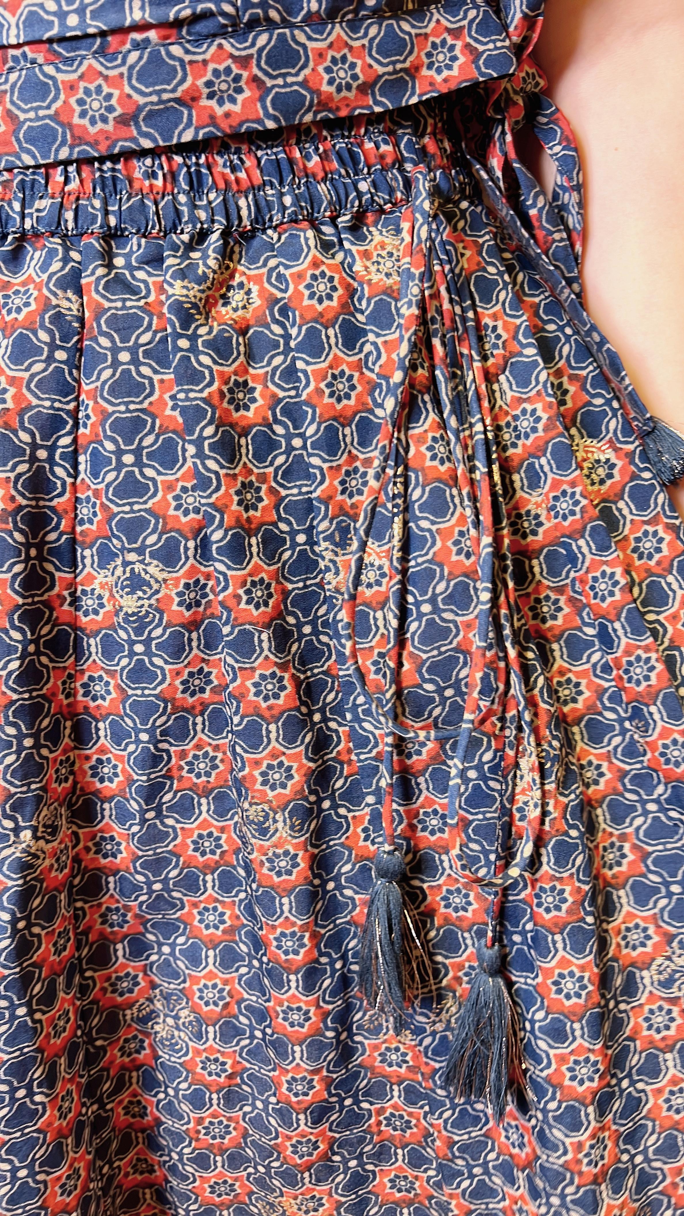 Navy Blue Floral Set of 2 (V-neck Top+Skirt37") #005