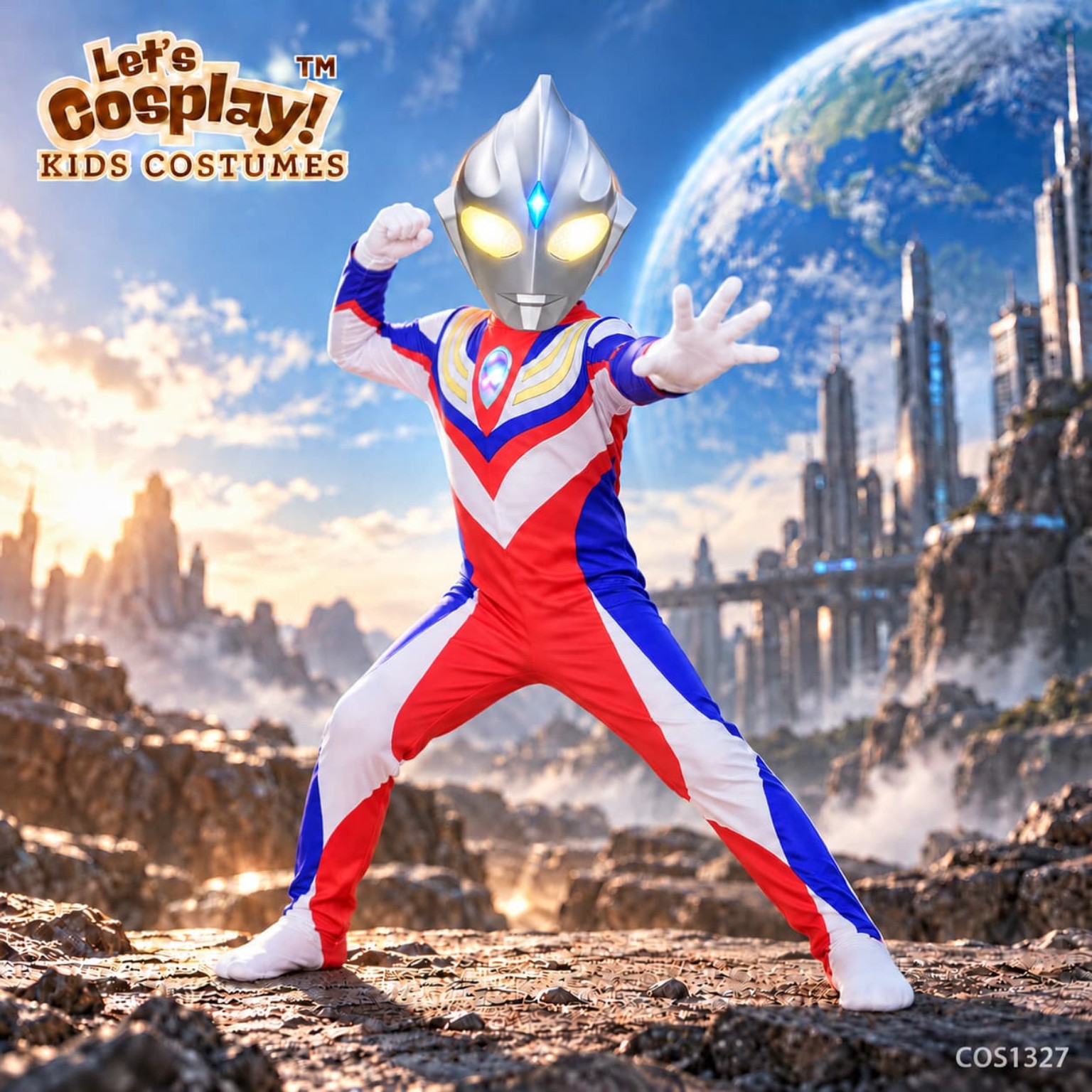 超人迪加 Ultraman Tiga 兒童角色扮演服裝 紅藍白連身衣連發光胸燈 配不發光面具或觸摸式三燈發光頭盔 萬聖節 Superhero Day 香港現貨 Lets Cosplay COS1327