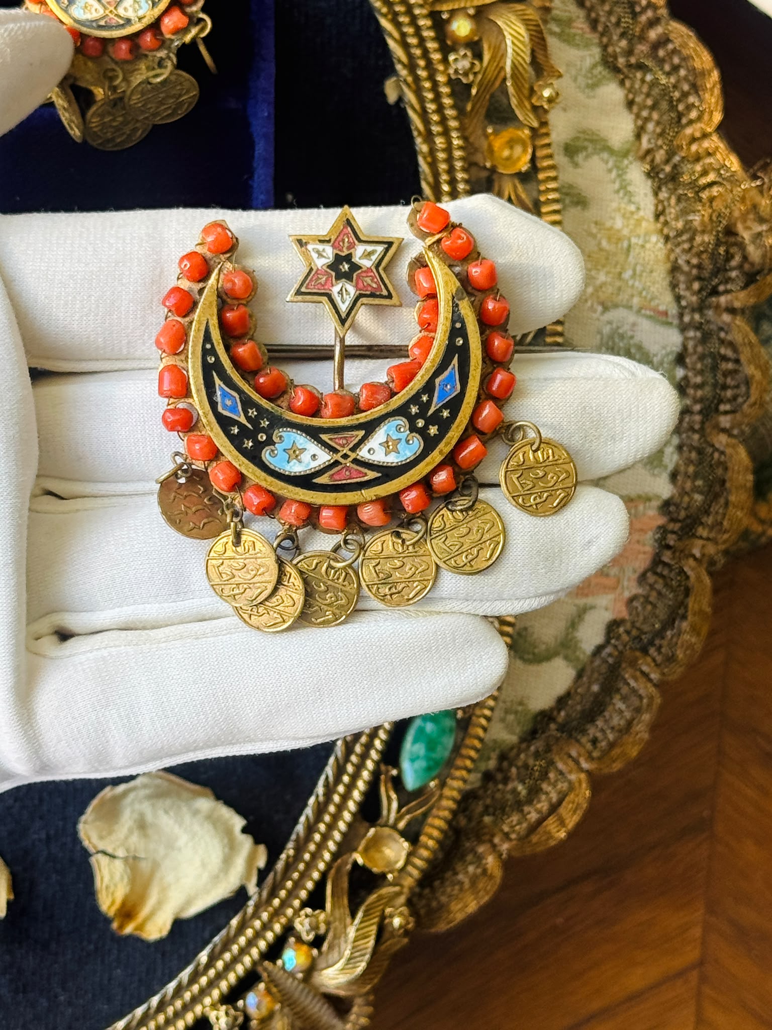 C.a. 1830s–1880s Ottoman Coral & Enamel Crescent Moon and Star Brooch and Earrings Demi-Parure (MT2653)