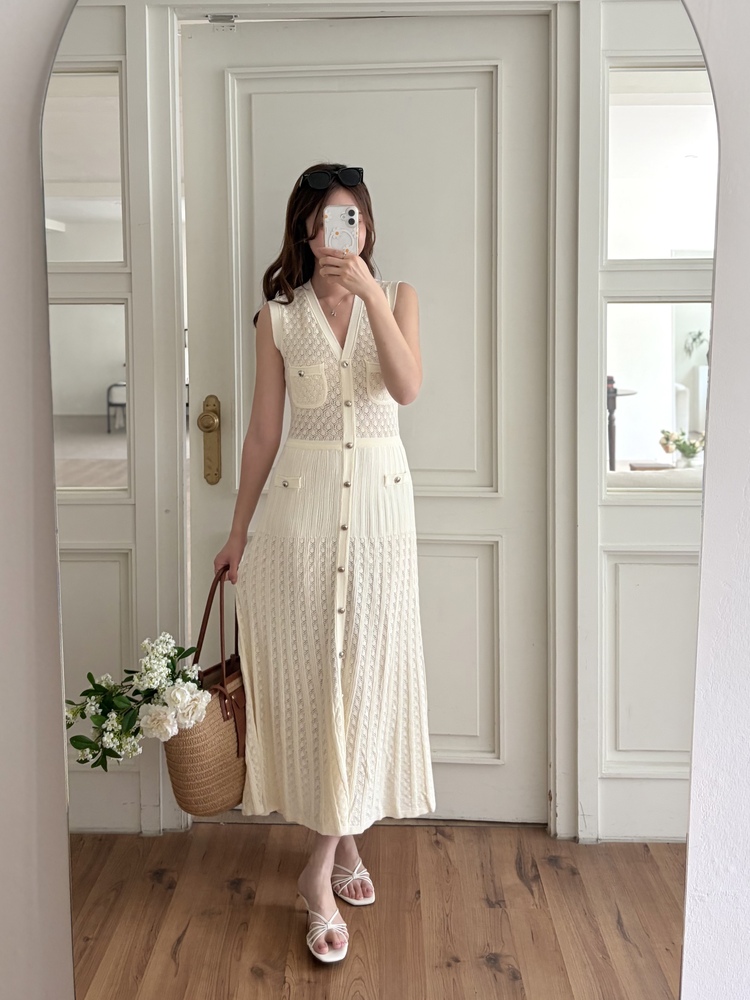 Buttoned Crochet Knit Dress (Ivory)