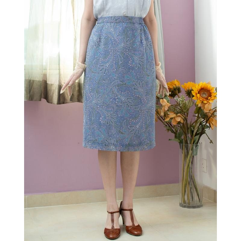 Vintage Japanese Blue Paisley Pattern Straight Pencil Skirt - Waist 28~32"(MT1606-59)
