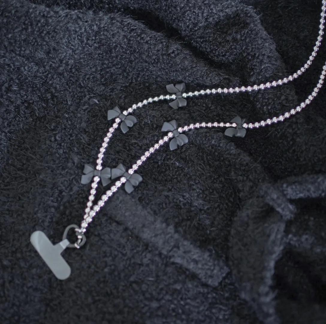 Long Phone Strap Set｜Silver Beads with Black Ribbon
