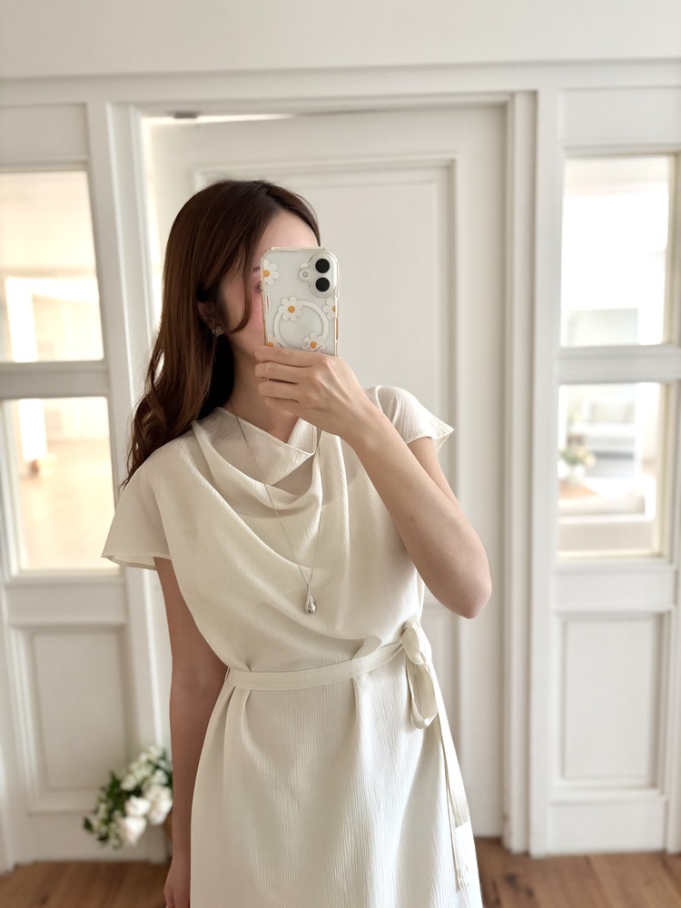 Draped Neck Dress with Inner Slip (Cream)