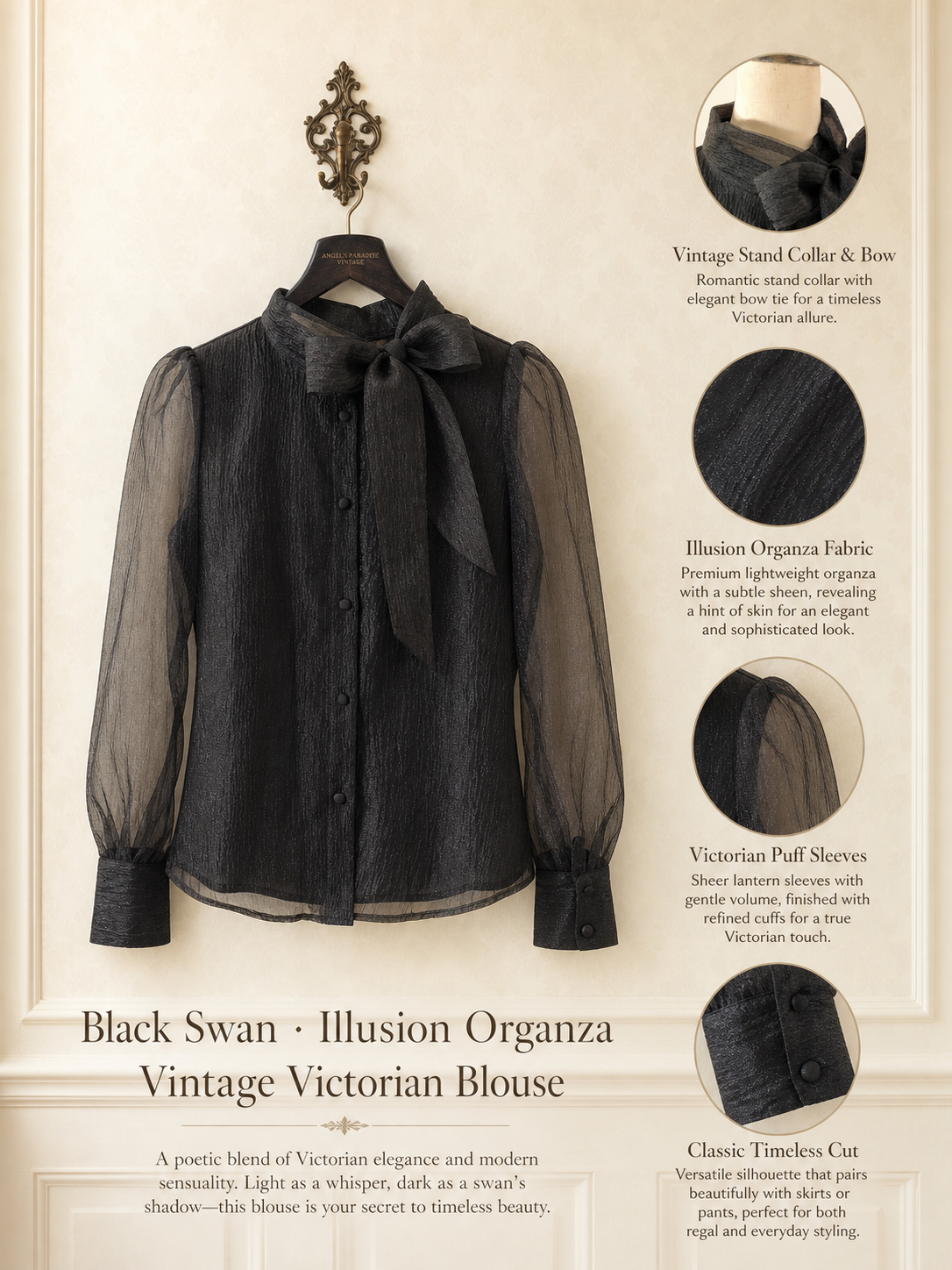暗夜黑天鵝 ∙ 幻影柯根紗復古維多利亞上衣 Midnight Black Swan ∙ Illusion Organza Vintage Victorian Blouse