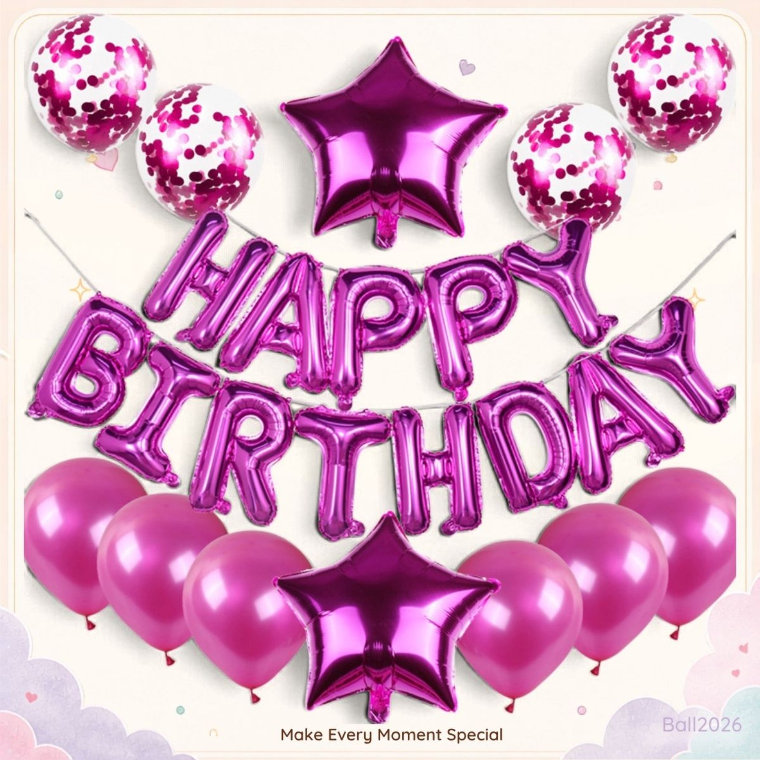 玫紅色 HAPPY BIRTHDAY 生日派對金屬氣球套裝 星形亮片氣球 Birthday Party Decoration