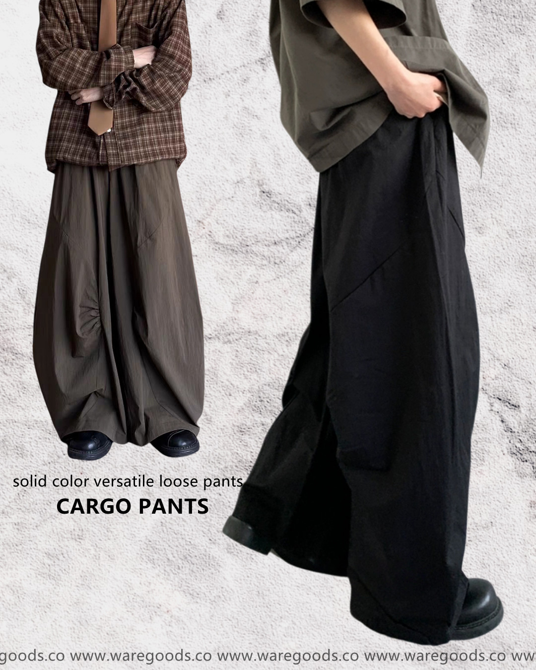 W6011鬆身闊腳純色工裝褲