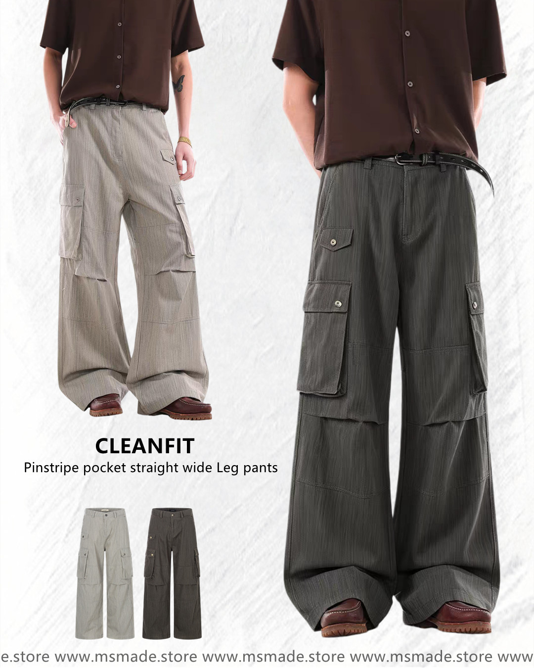 M6986直紋口袋直筒闊腿褲