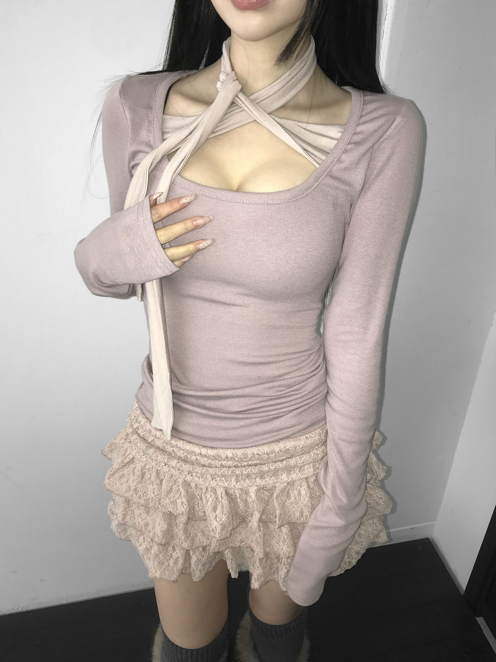 Tie-Front U Neck Long Sleeve Top