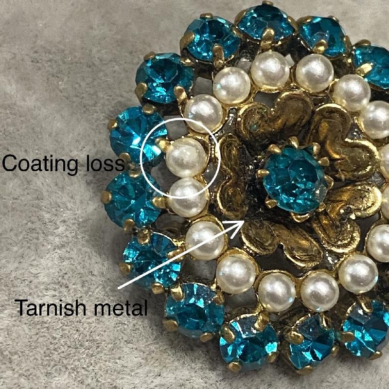 Vintage C.a. 1960s European Three Layered Aqua Blue Rhinestone and Faux Pearl Collar Brooch (MW052)