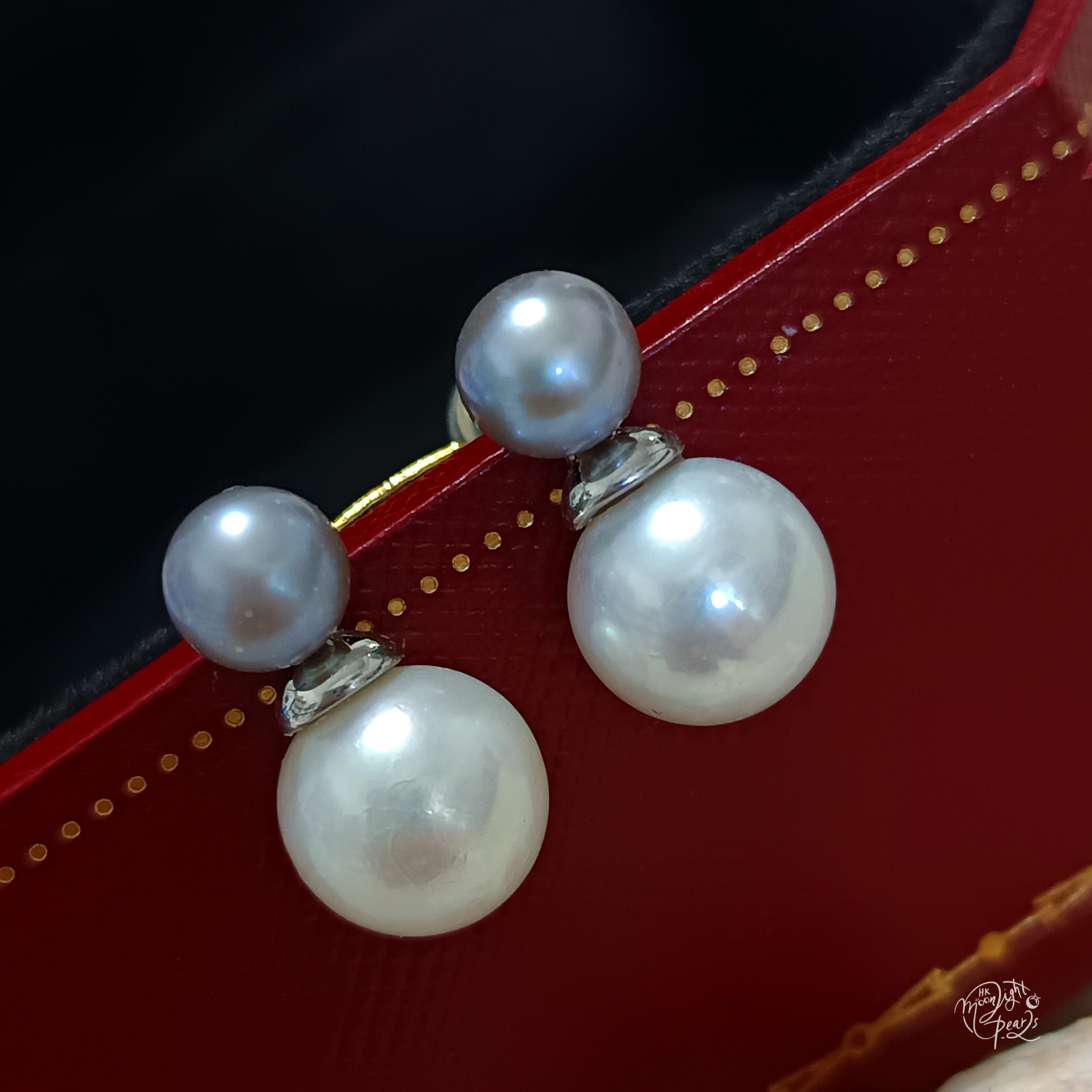 正圓極光愛迪生白珍珠+淡水灰珠精工s925銀雙珠耳釘