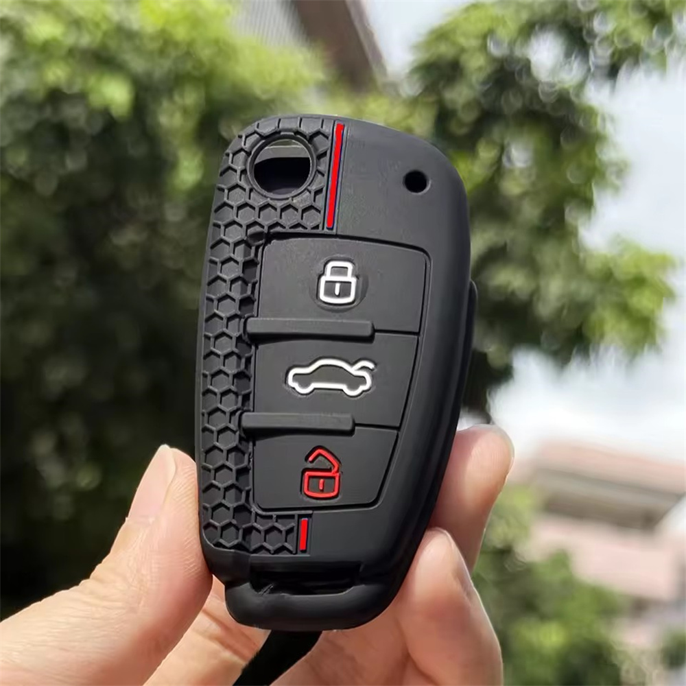 適用奧迪A3硅膠鑰匙套  黑色 折疊3鍵 蜂窩紅線 UA0542