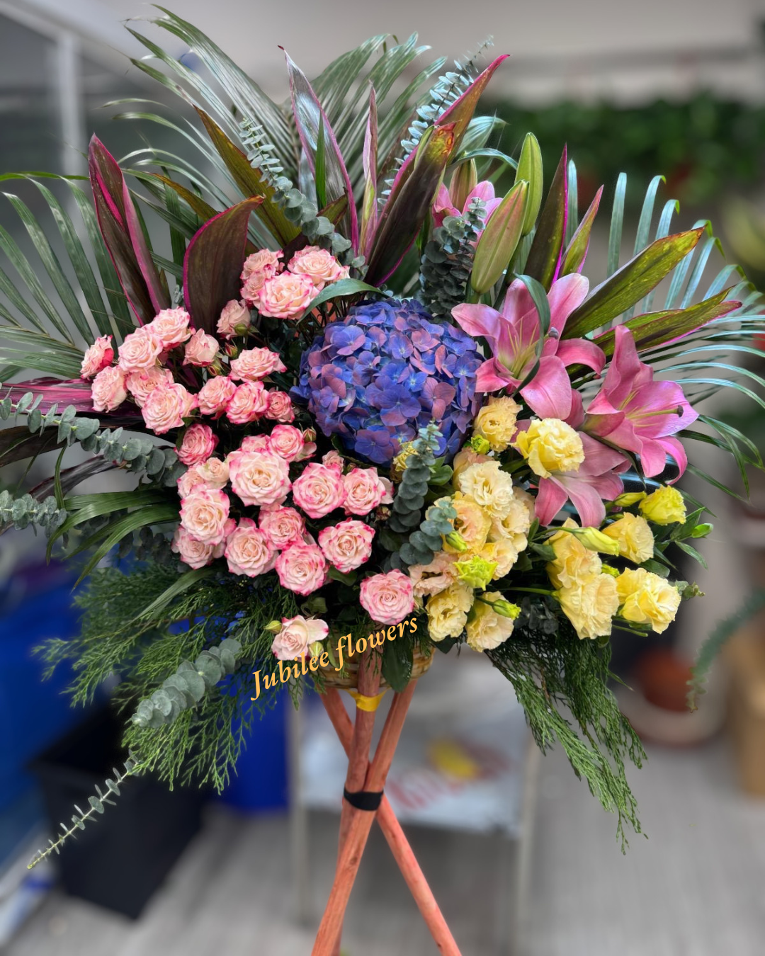 🎉【開張花籃】 藍紫繡球粉紅百合高級開業賀籃