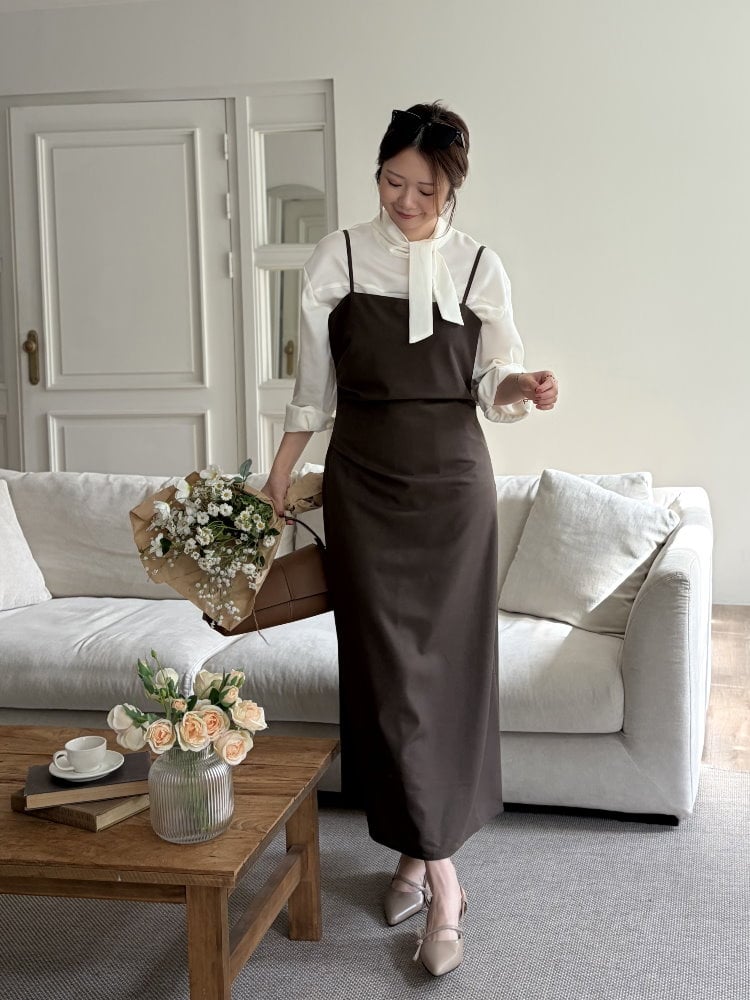 Gathered Adjustable Cami Dress (Brown)