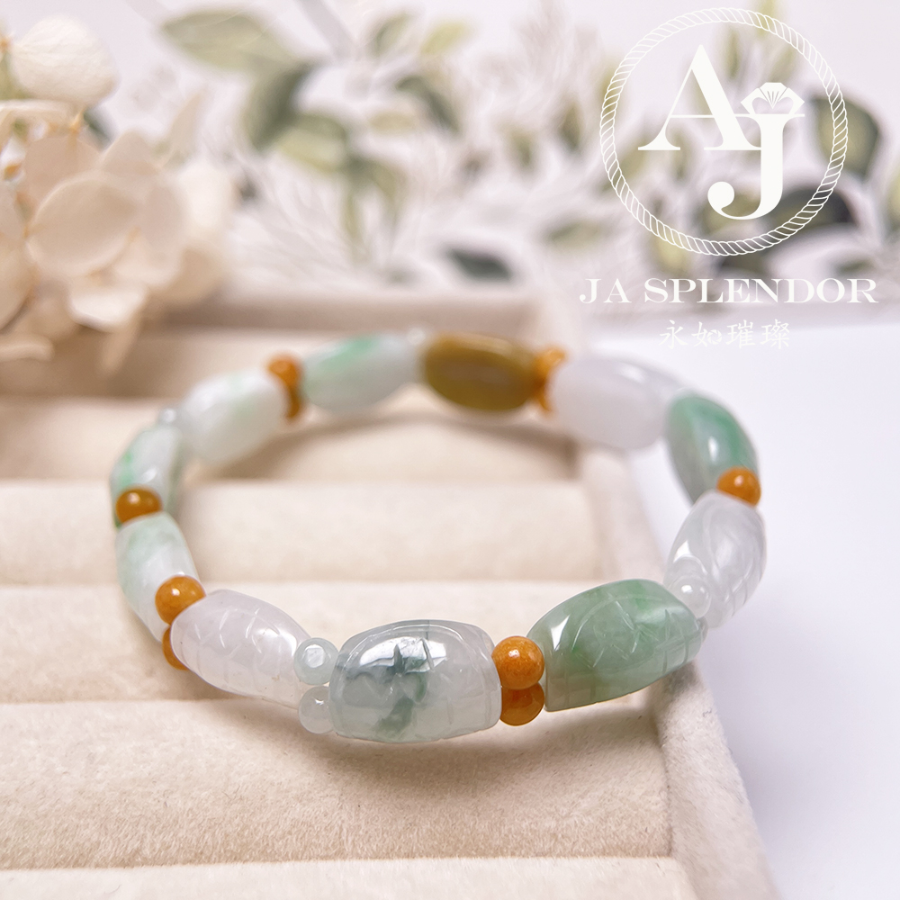 OF-06-J 天然翡翠A玉 - 冰潤三彩長壽吉祥龜貝手串