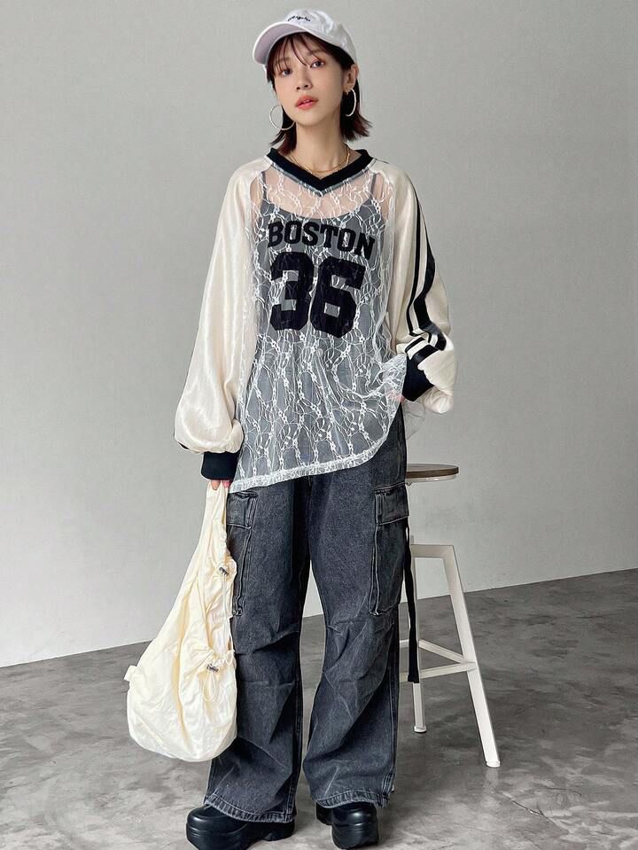 復古運動風數字印花薄紗上衣