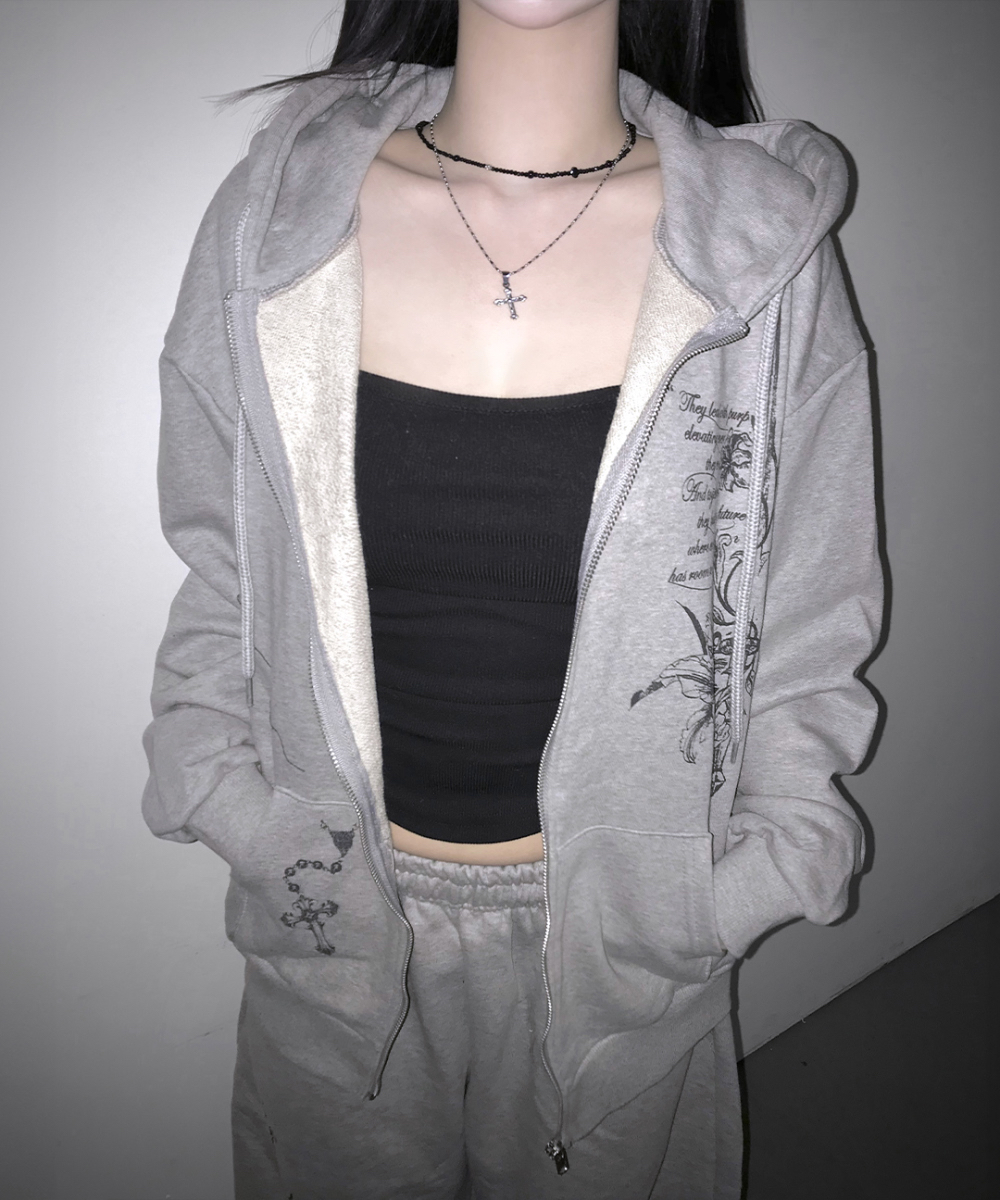 Oversized Nocturnal Lily Zip Hoodie