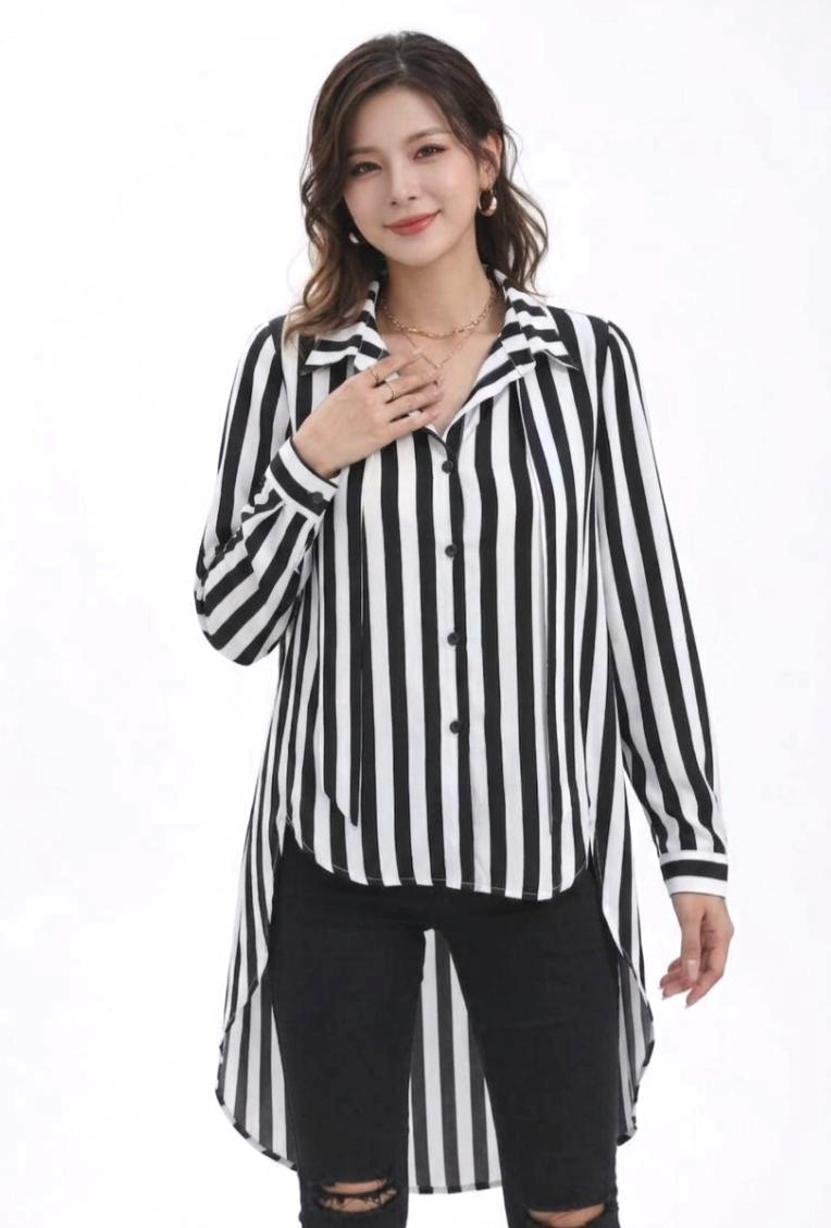 Faux 2-in-1 striped long blouse