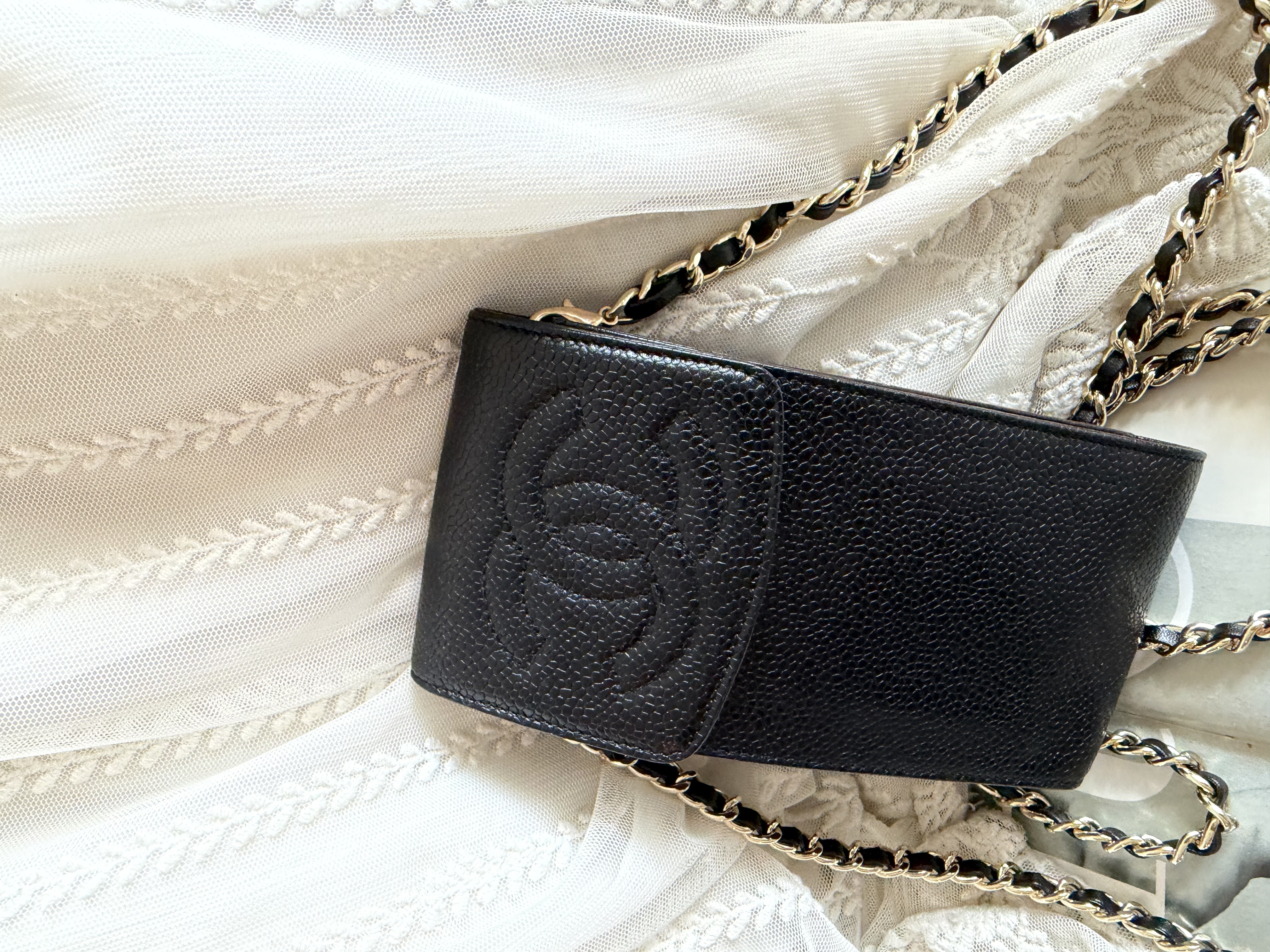 Vintage chanel black caviar leather phone holder sunglassess holder 