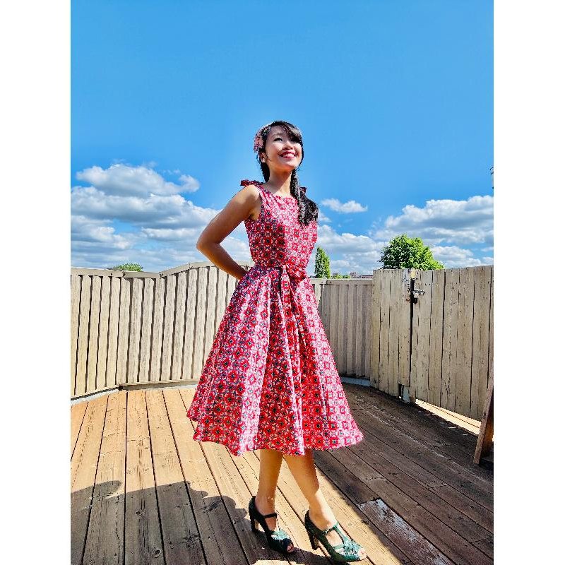(Ready-Made) 1950s Style Silk Lustre Texture Boat Neck Fit & Flare Swing Dress With Bow Accent on Shoulder（FM213）