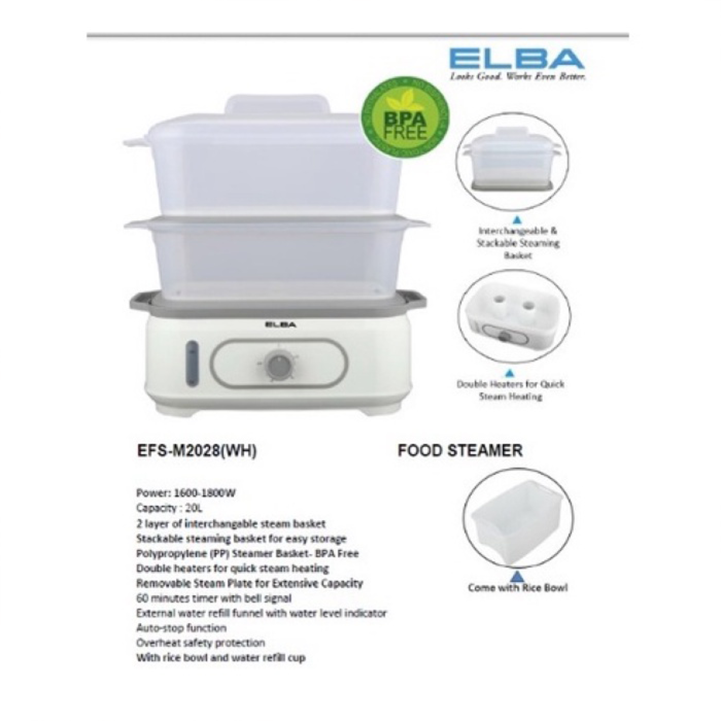 Elba 20L Food Steamer - 2 Layer Of Interchangable Steam Basket EFS-M2028(WH)