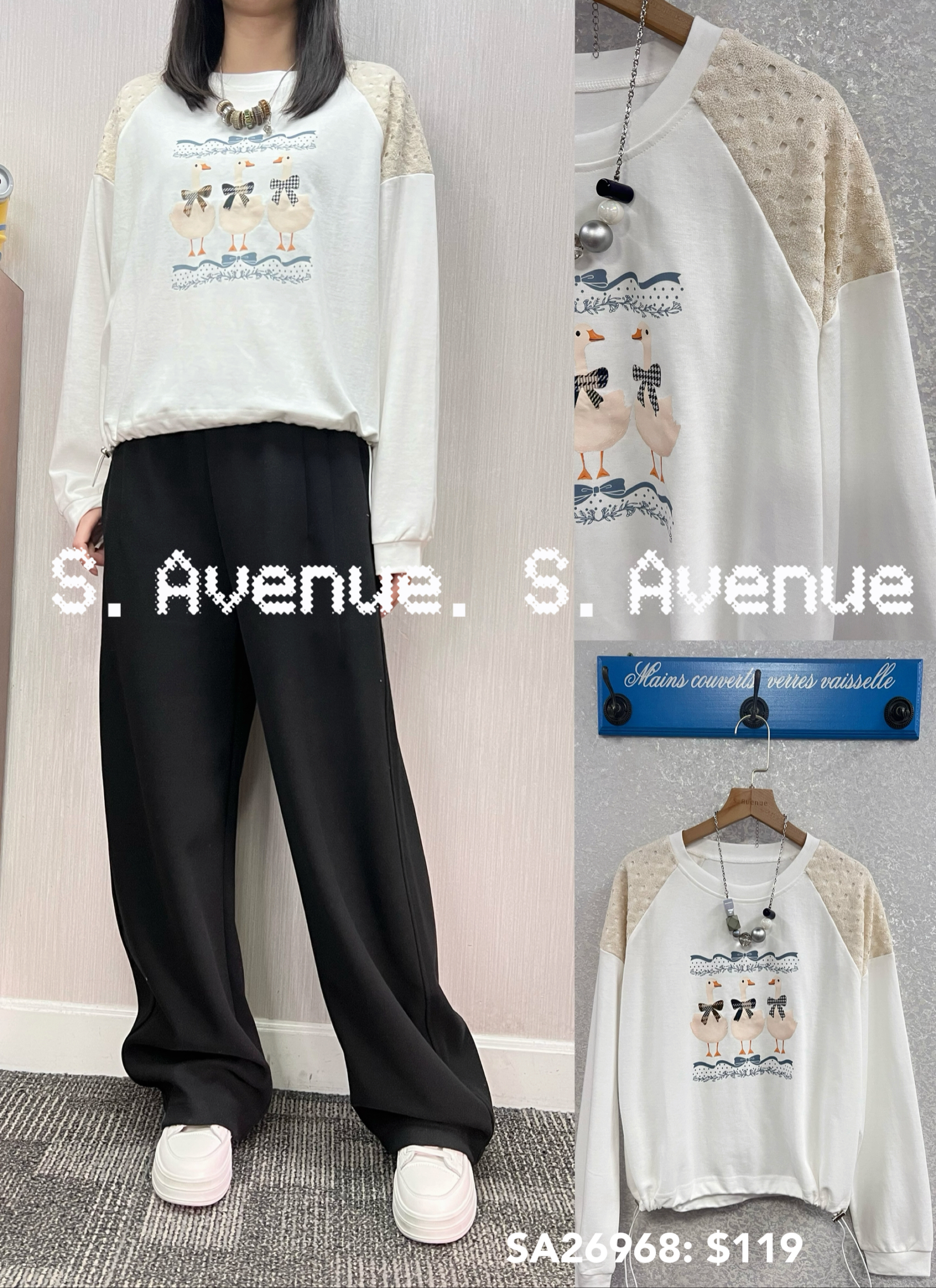 SA26968: 長袖膊lace三隻鴨仔束腳tee