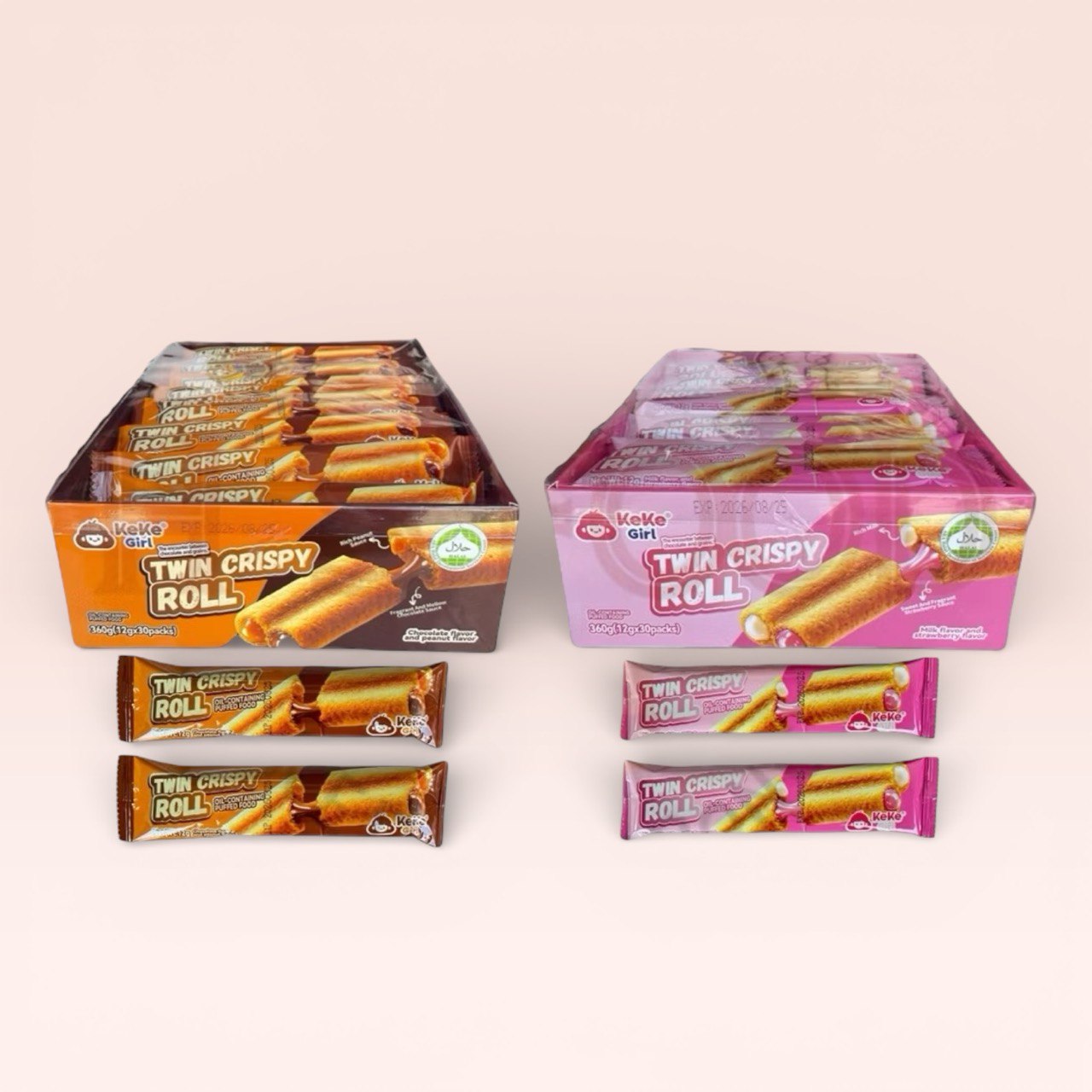 30pcs x 12g Keke Girl Twins Crispy Roll wafer (chocolate peanut/ strawberry milk)
