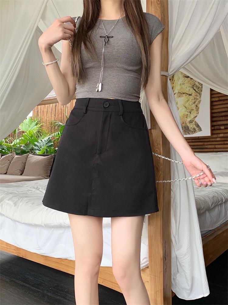 B273(5536) 韩版时尚简约单钮黑灰前裙后裤