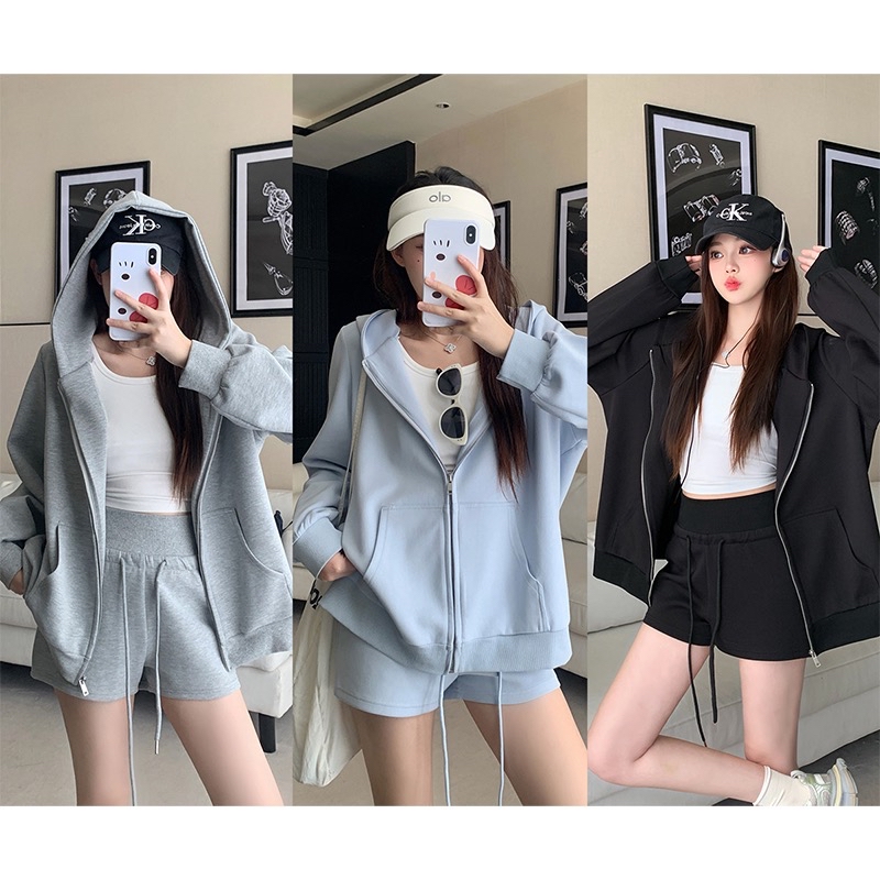 B61(3950) 韩系高级感运动风连衣帽前排拉链外套上衣与短裤3色套装