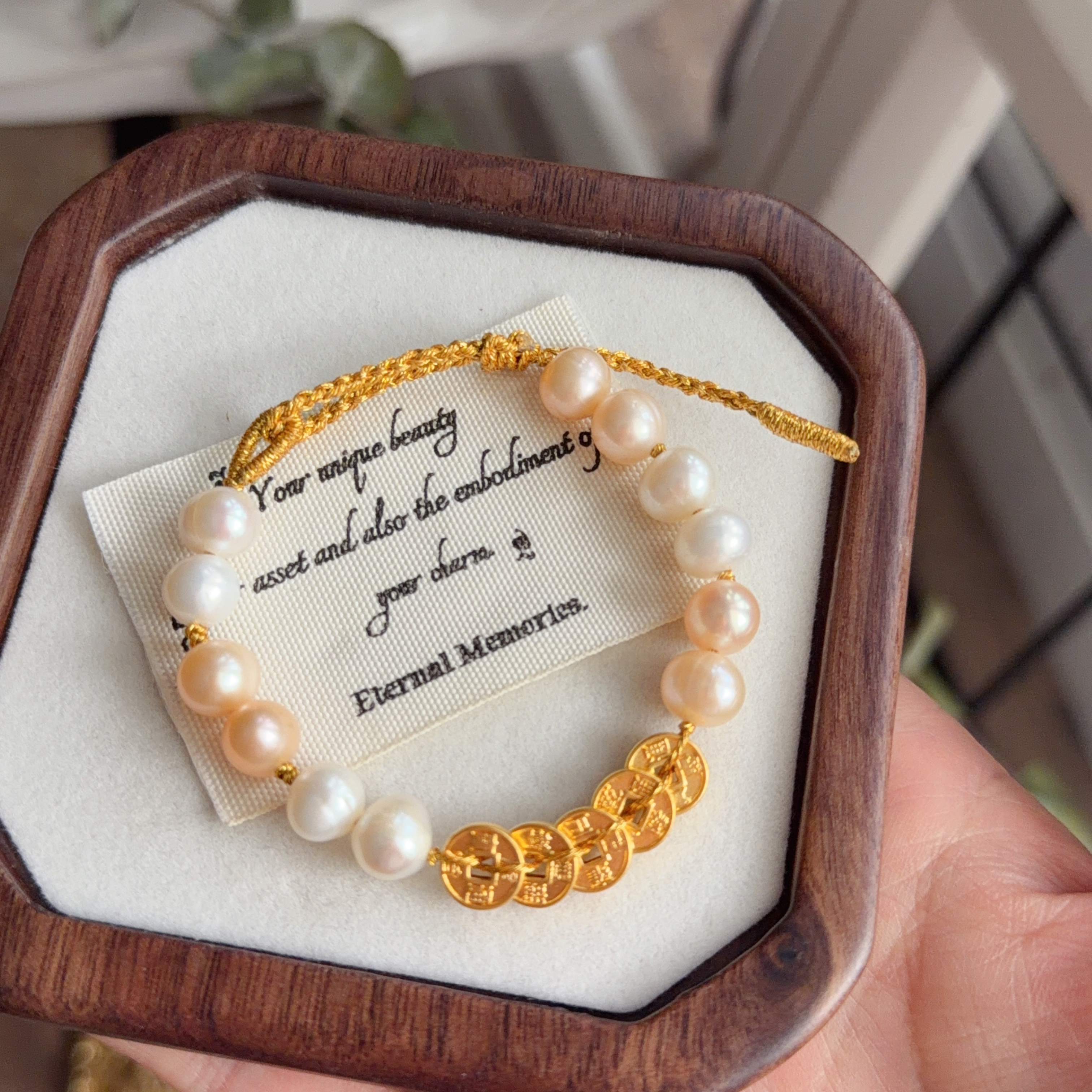 𝟵𝟵𝟵硬金五帝錢襯𝟳𝗺𝗺天然淡水珍珠