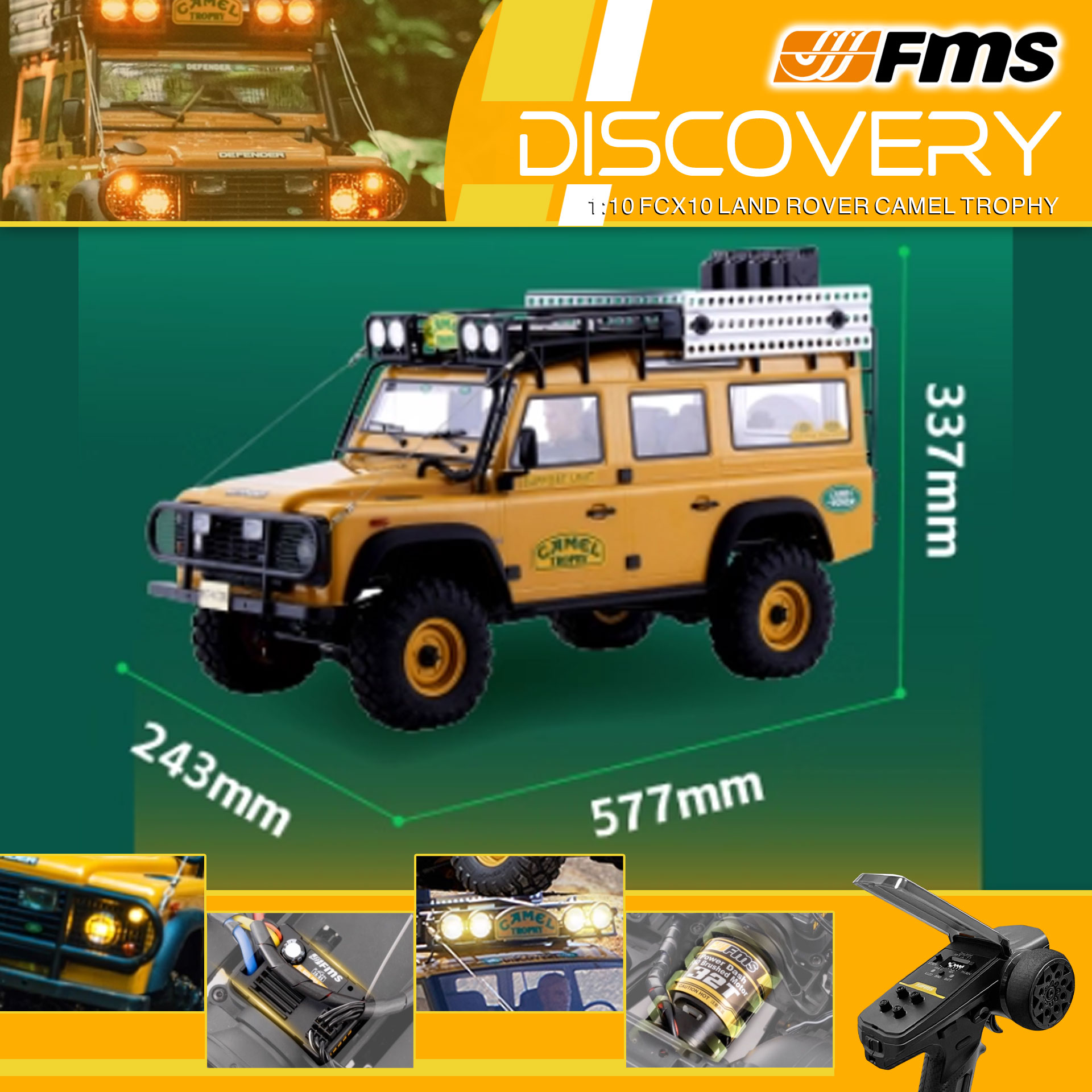 全新 FMS 1:10 Land Rover Camel Trophy Discovery 攀爬車 | FCX10 | Land Rover 授權 | 4輪驅動 | 550 32T 有刷電機 | 雙速變速機械波箱