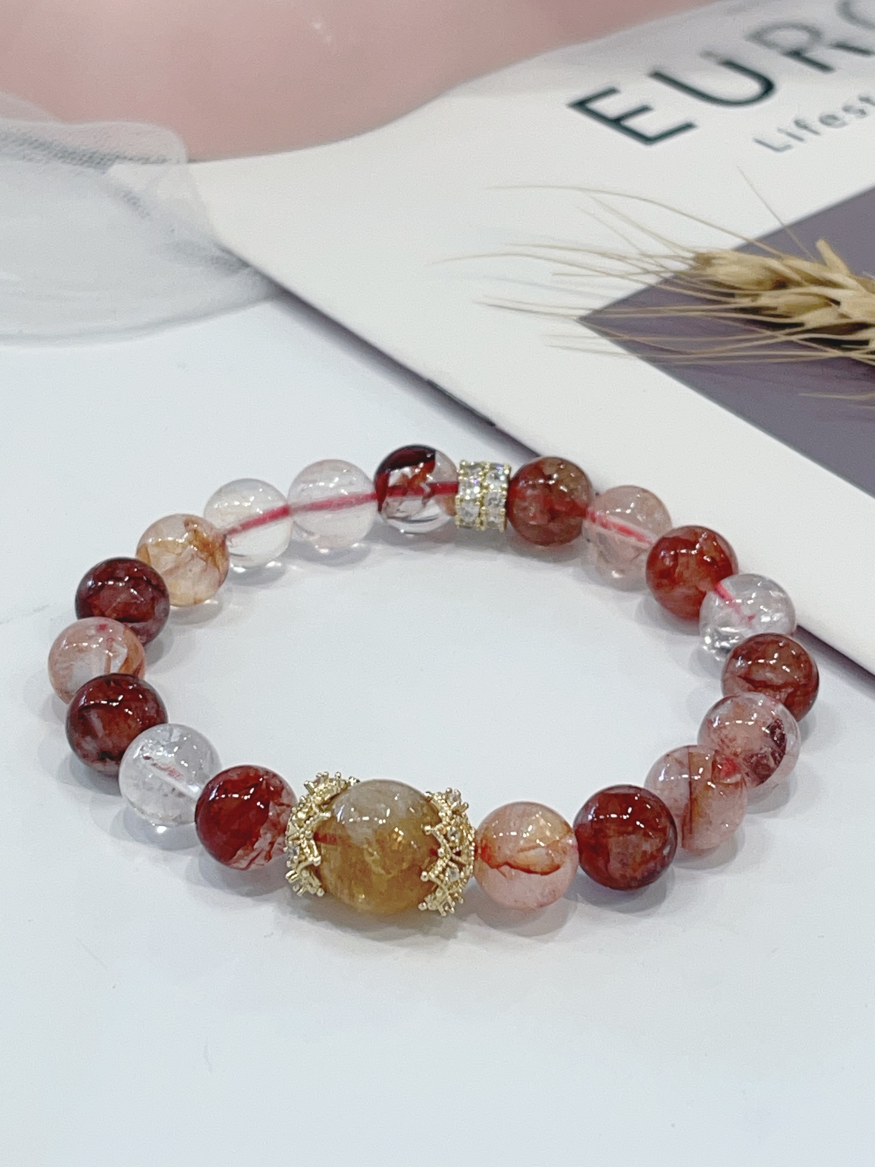 🌸 红胶花 × 黄塔晶手串 Red Agate & Citrine｜9.5mm