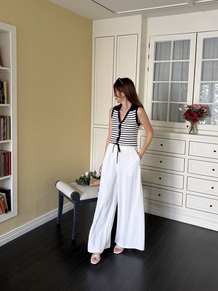 [超涼!!] Contrast Belt Wide Leg Slacks (White)