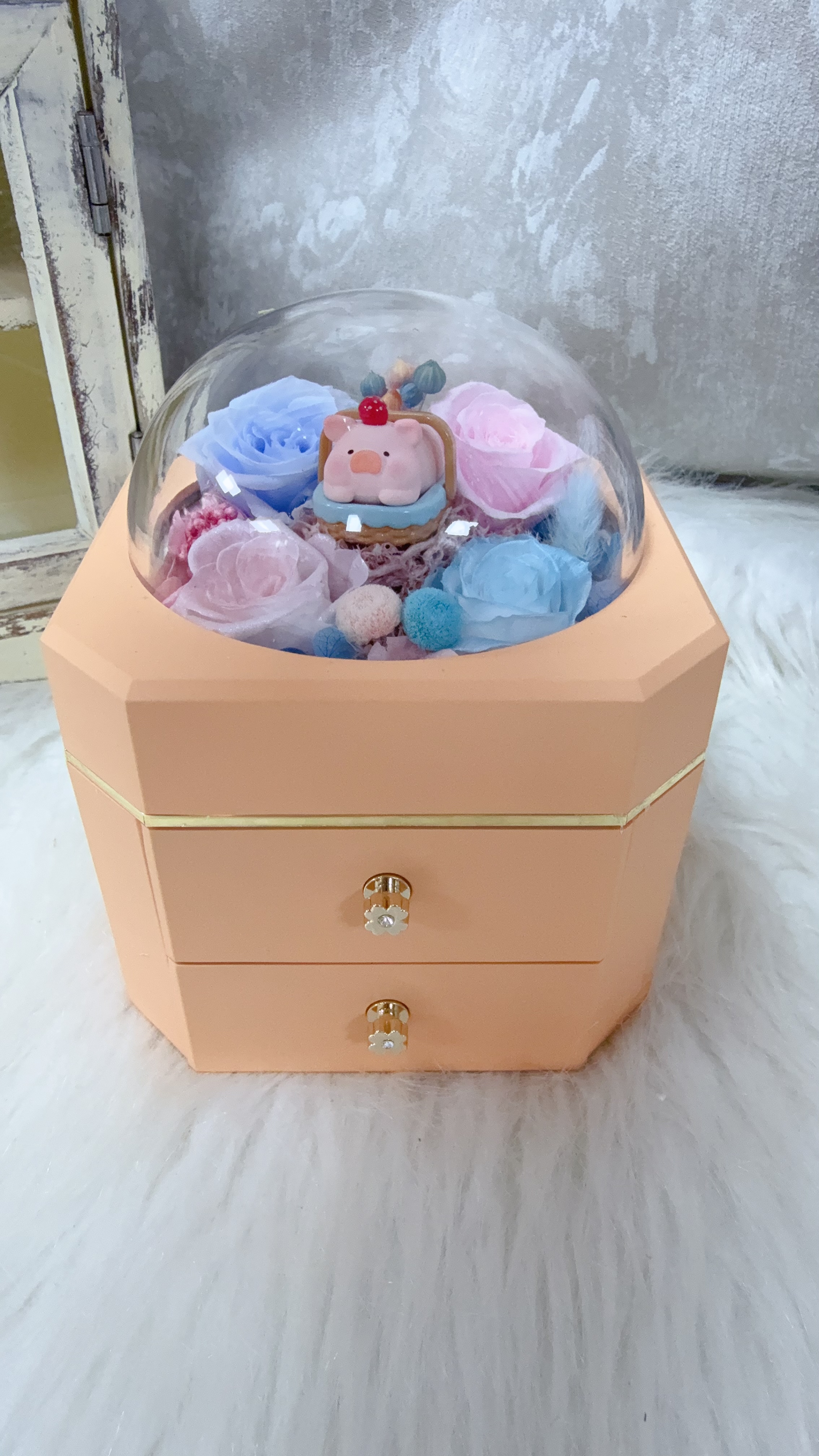 Lulu豬野餐款粉紅藍色永生花飾物盒