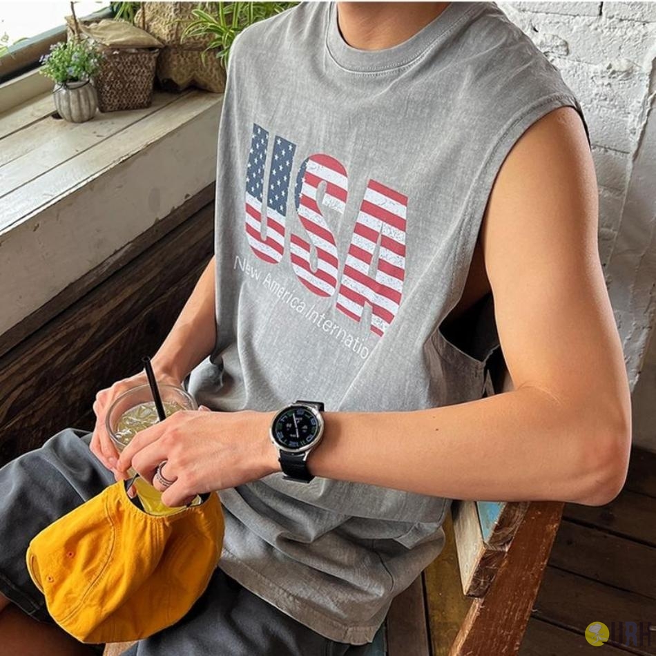 【100%保證韓國直送】Pigment Retro Graffiti USA 復古做舊水洗染美式星條旗寬鬆無袖背心 👕 [4 color] RG165891
