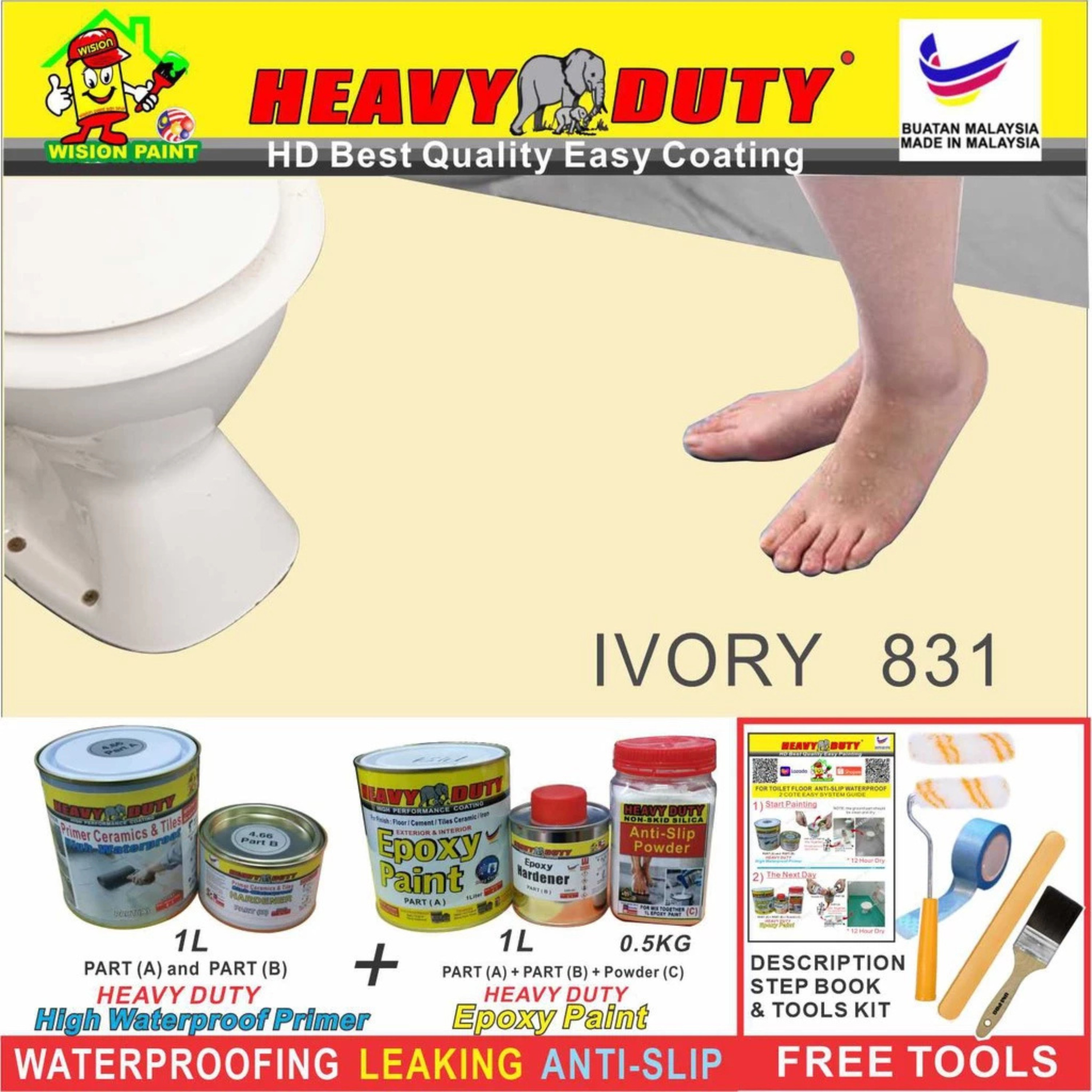 FULL SET (HEAVY DUTY BRAND) Floor Coating (Free Paint Tool Set) 1L Tile Primer + 1L Epoxy Colour + 0.5kg Non-skid Silic