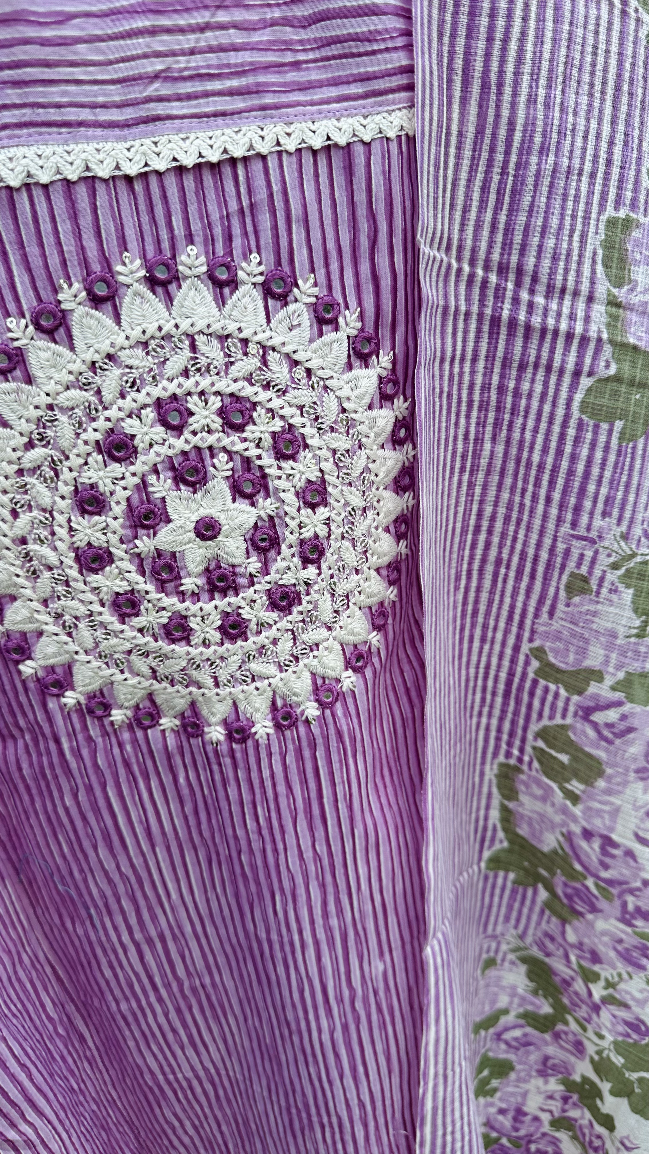 Light Purple Striped Embroidered Kurta Set