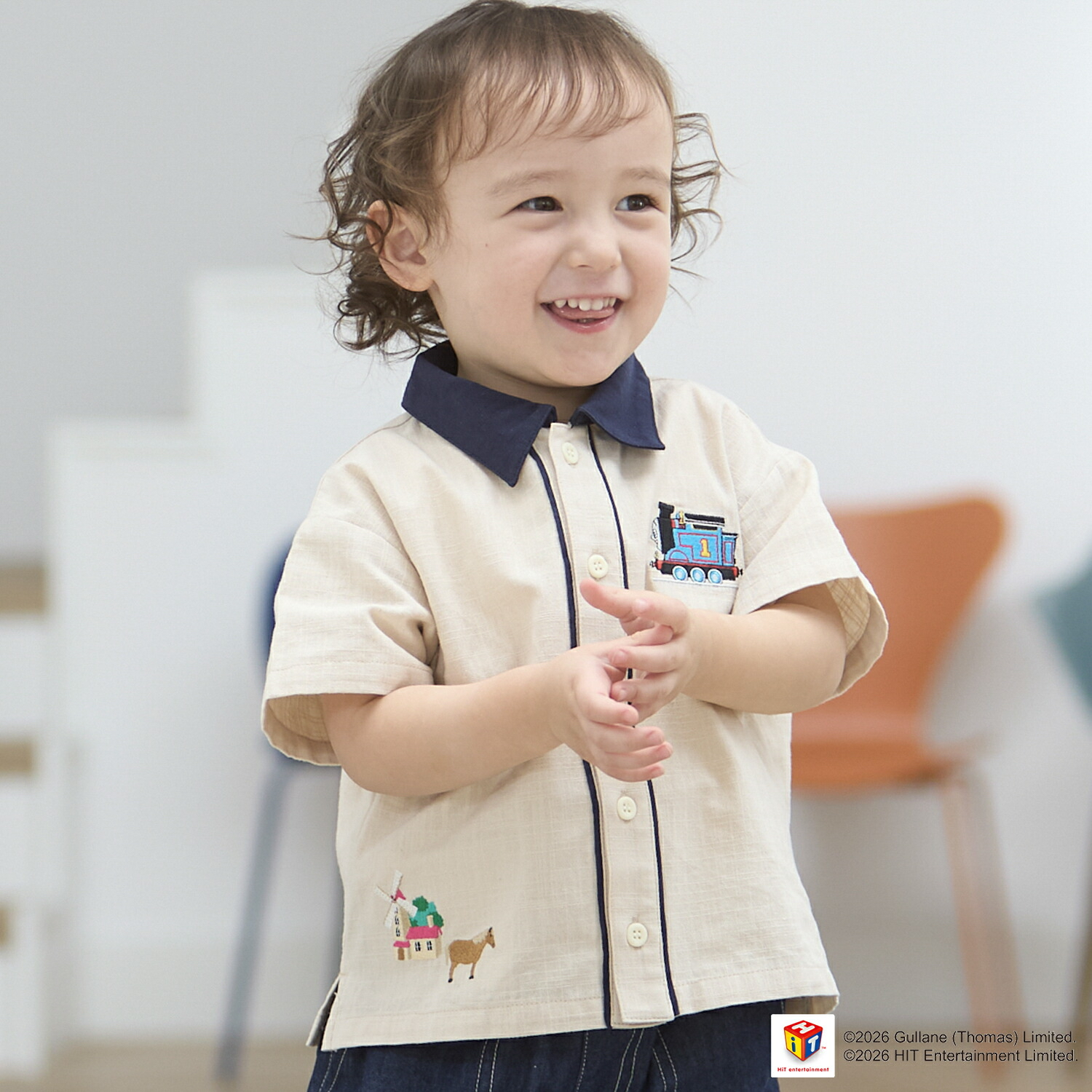 🇯🇵預訂 日本直送🇯🇵Petit Main x Thomas湯瑪士小火車系列兩色刺繡貼花梭織布短袖恤衫