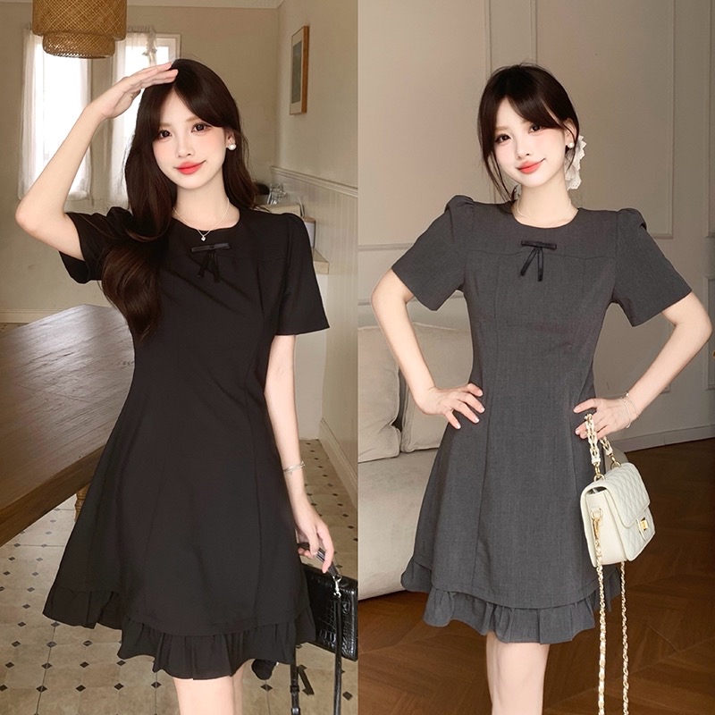B128(322) 法式高级感圆领前部蝴蝶结荷叶边下摆黑灰连身裙