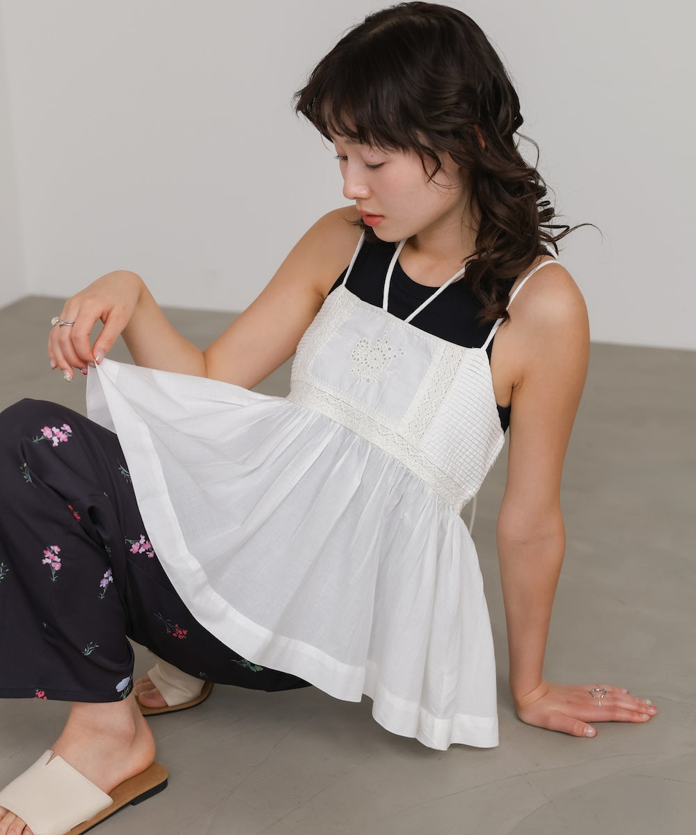 <JP> 細肩刺繡蕾絲傘擺Top* 3色入 <預購>