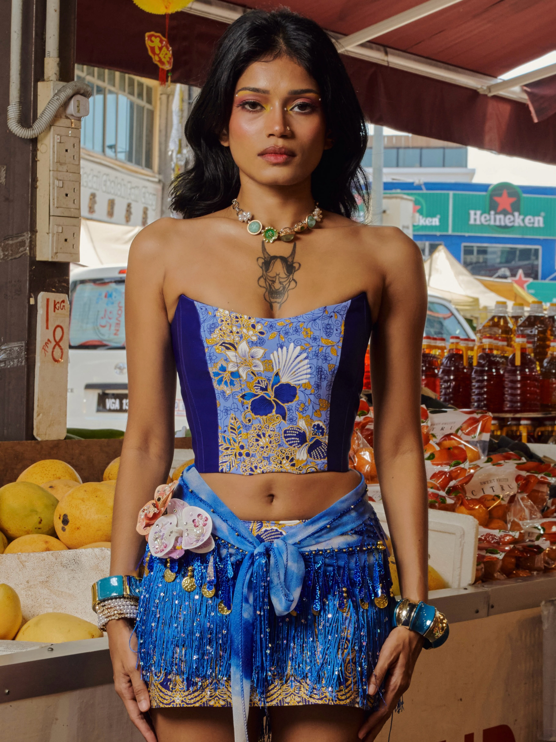 Celestine Reversible Corset and Mini Skirt in Royal Blue Batik