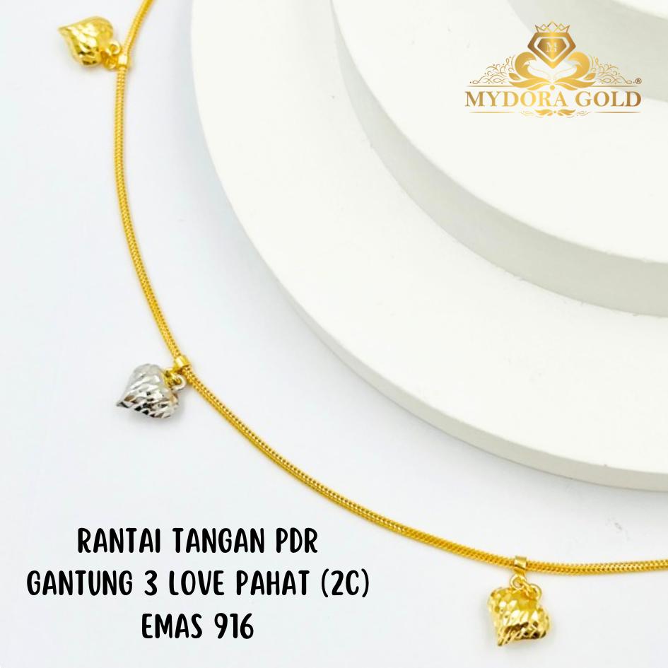 MYDORA Rantai Tangan PDR Gantung 3 Love Pahat (2C) l EMAS 916/22K