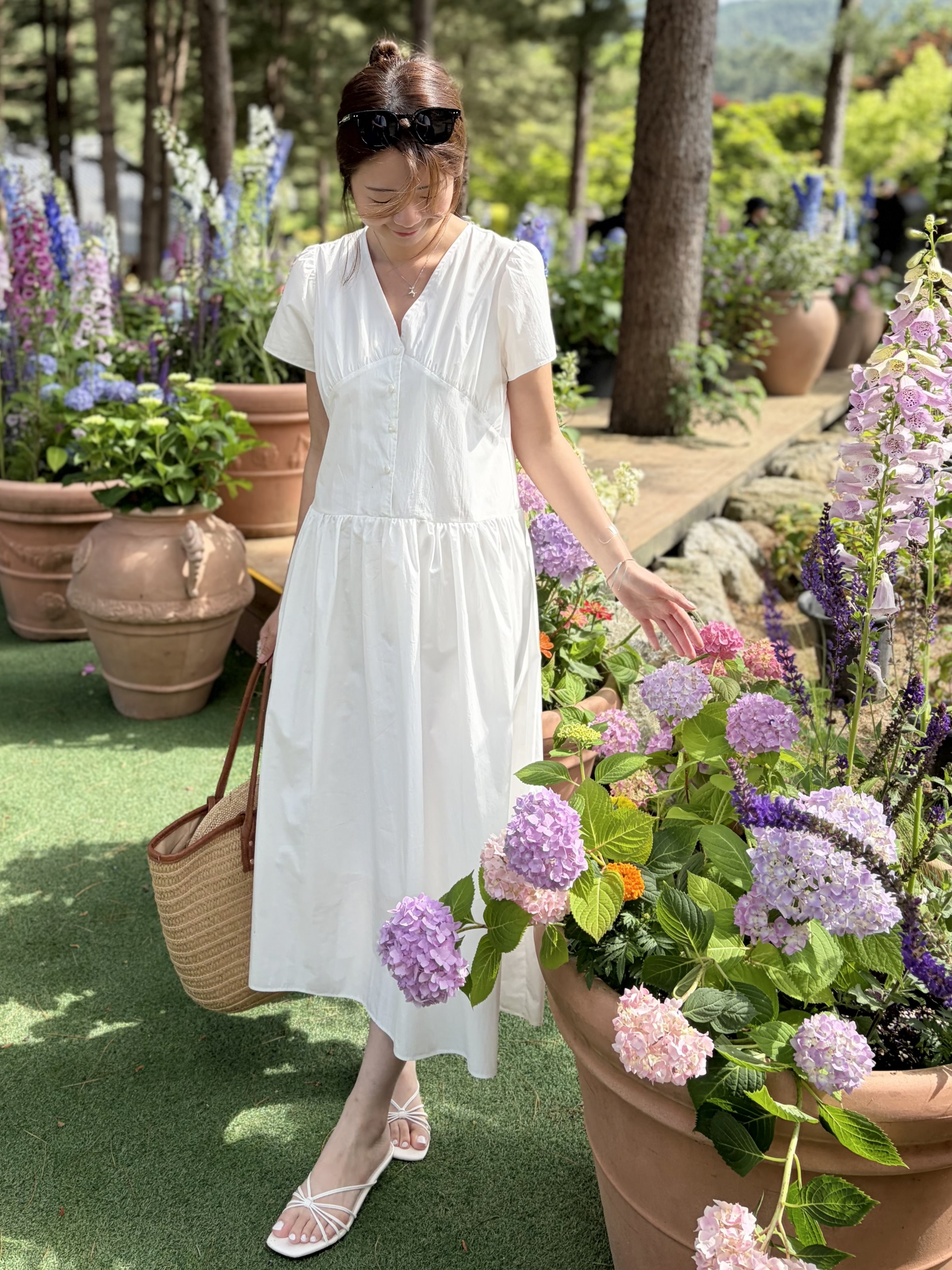 Airy Button Front Long Dress (White)