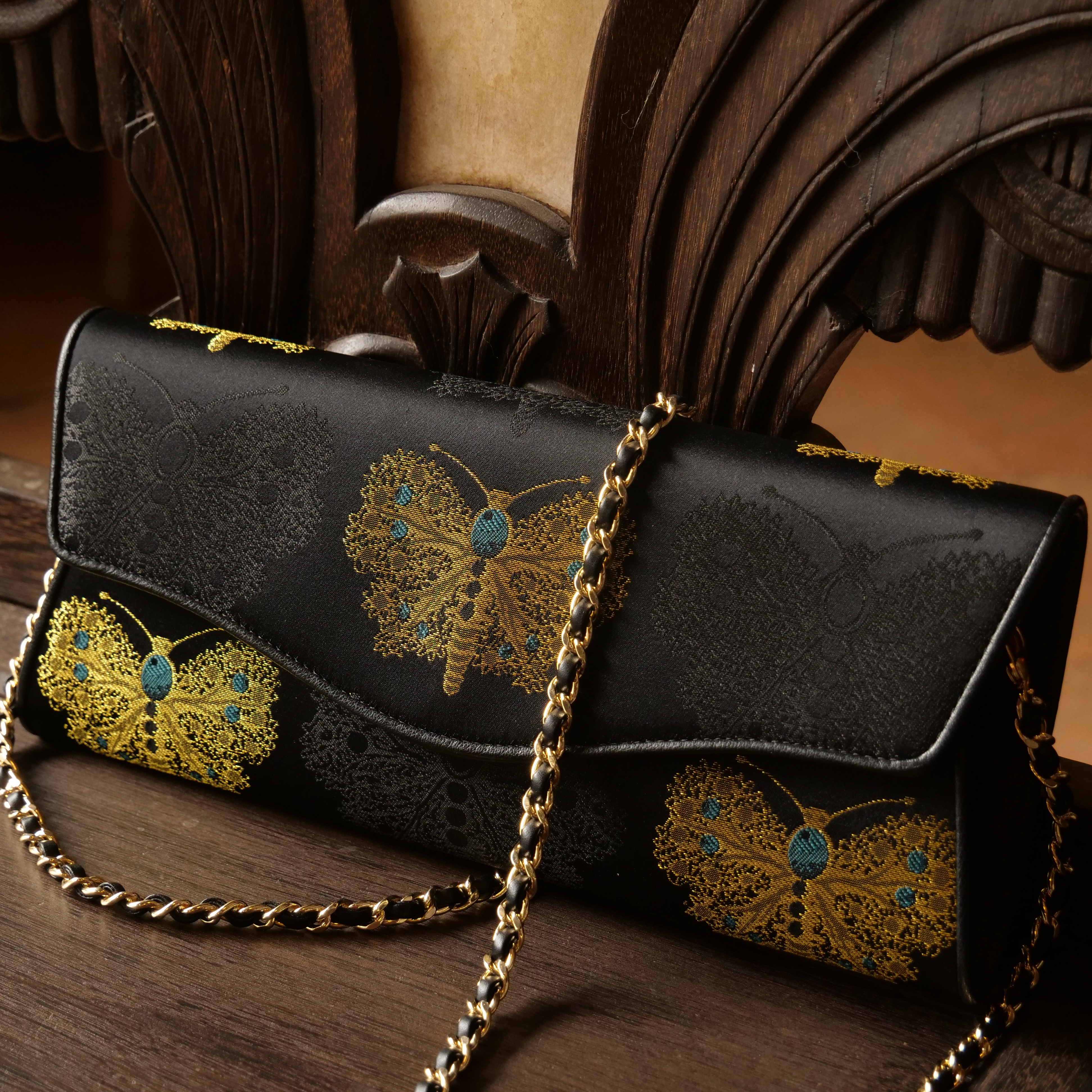 宋錦∞黑金綠蝴蝶牛皮手袋