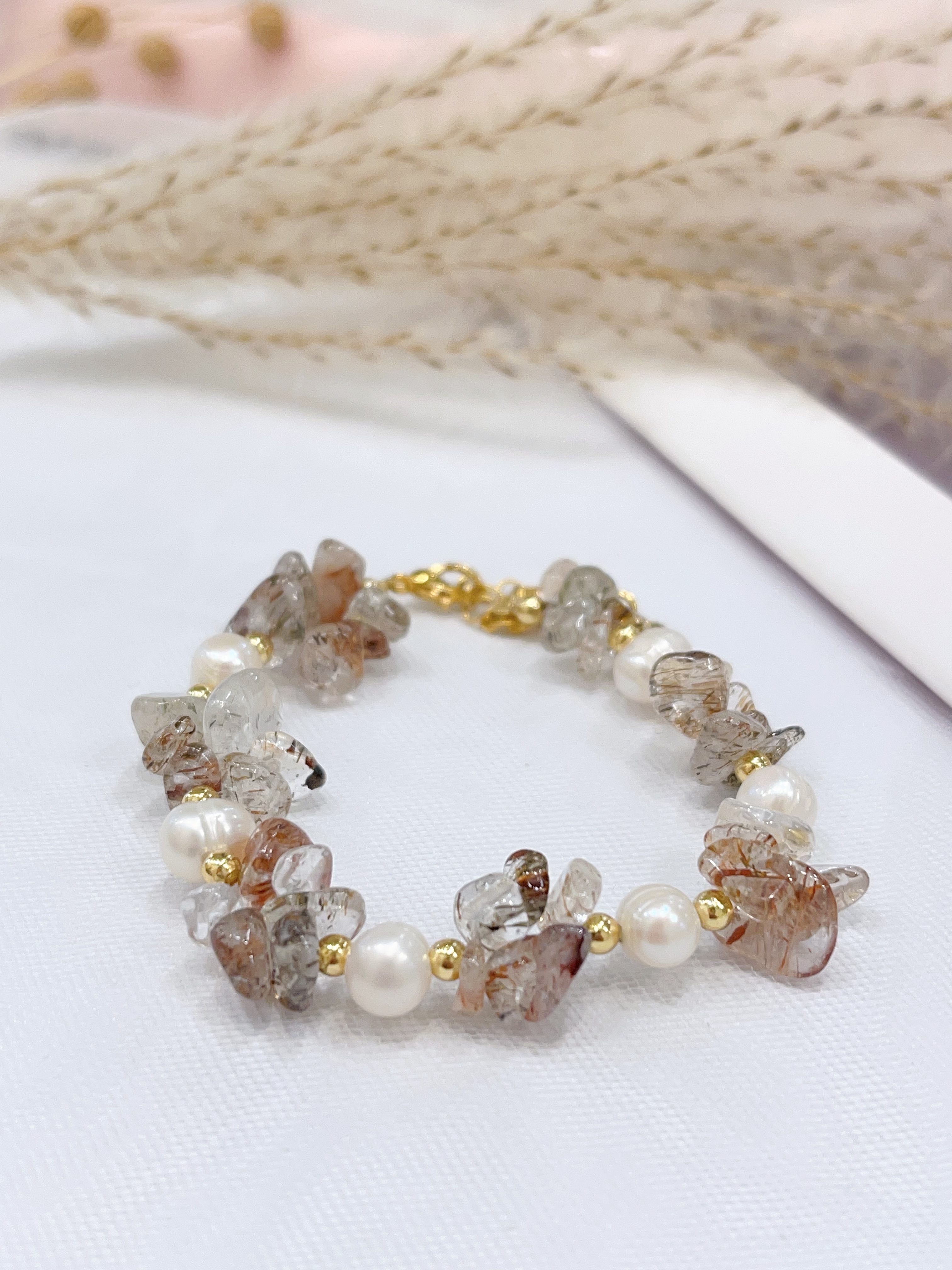 🌈 彩发晶多宝碎石 × 珍珠手串 Multicolor Rutilated Quartz Chips & Pearl